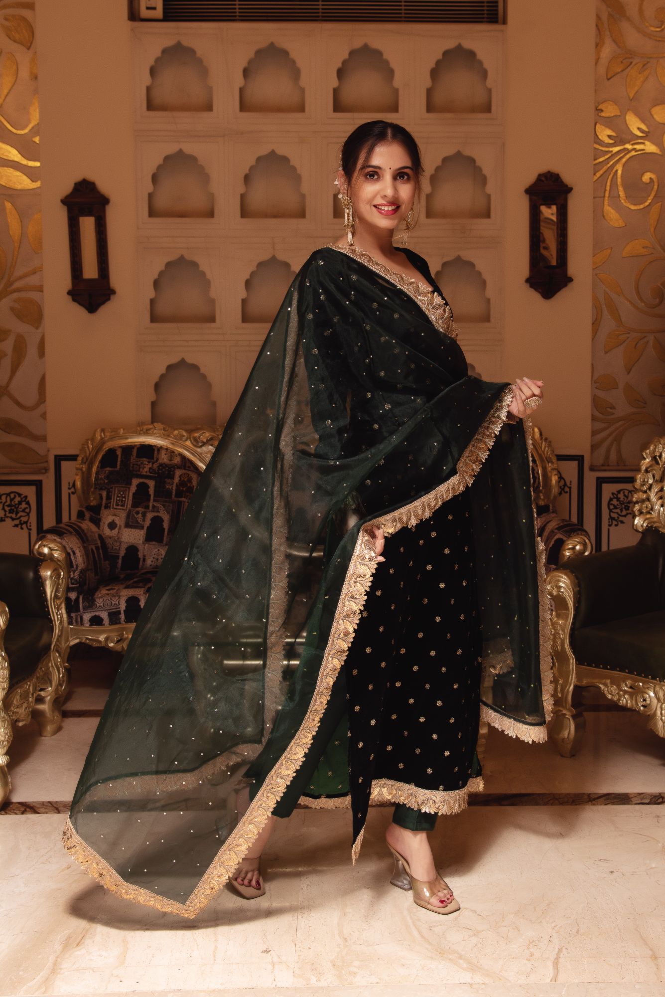 Bottle Green Velvet Straight Suit with sequined Dupatta