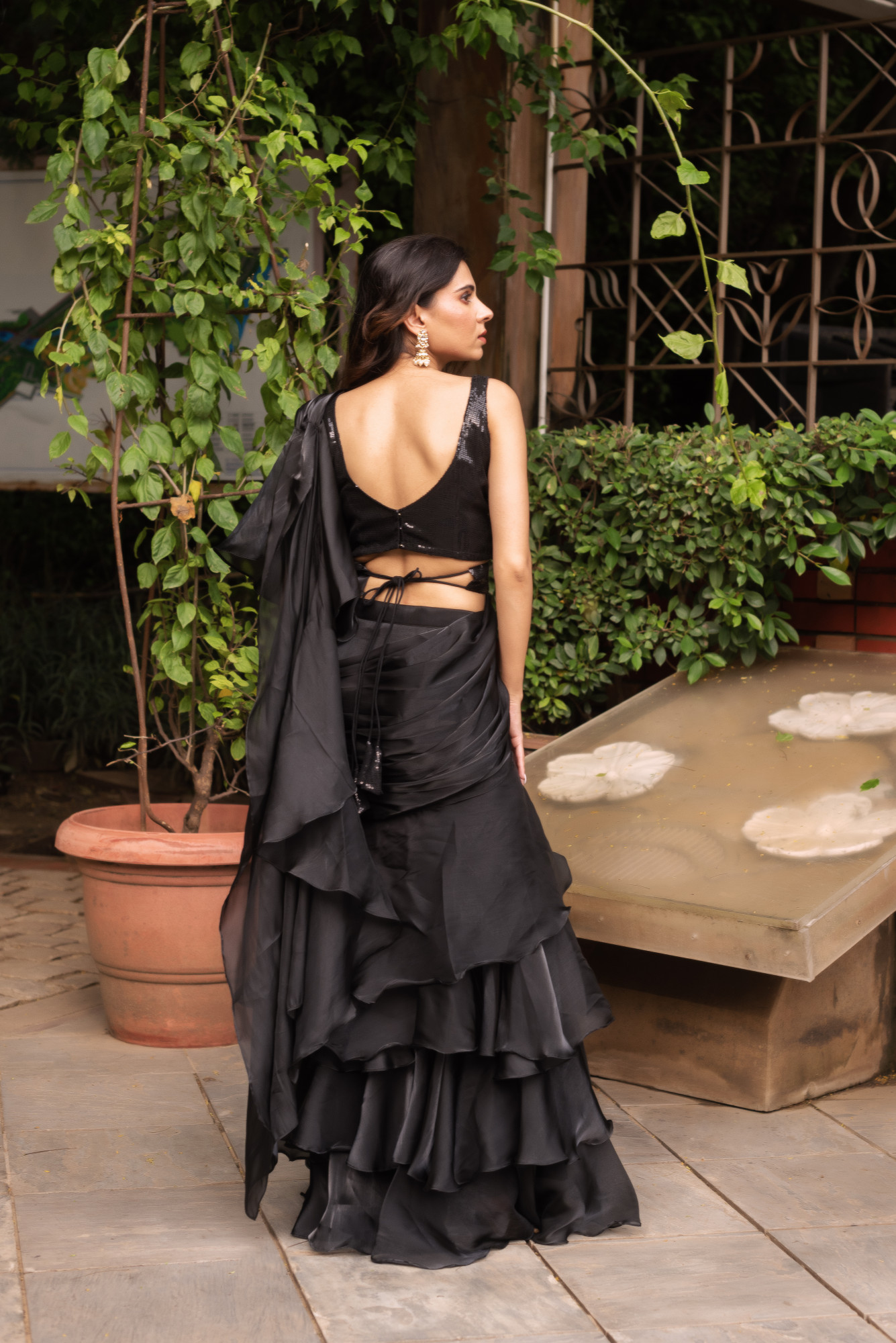 Black Organza Ready To Drape Saree with Seqin Blouse And Belt
