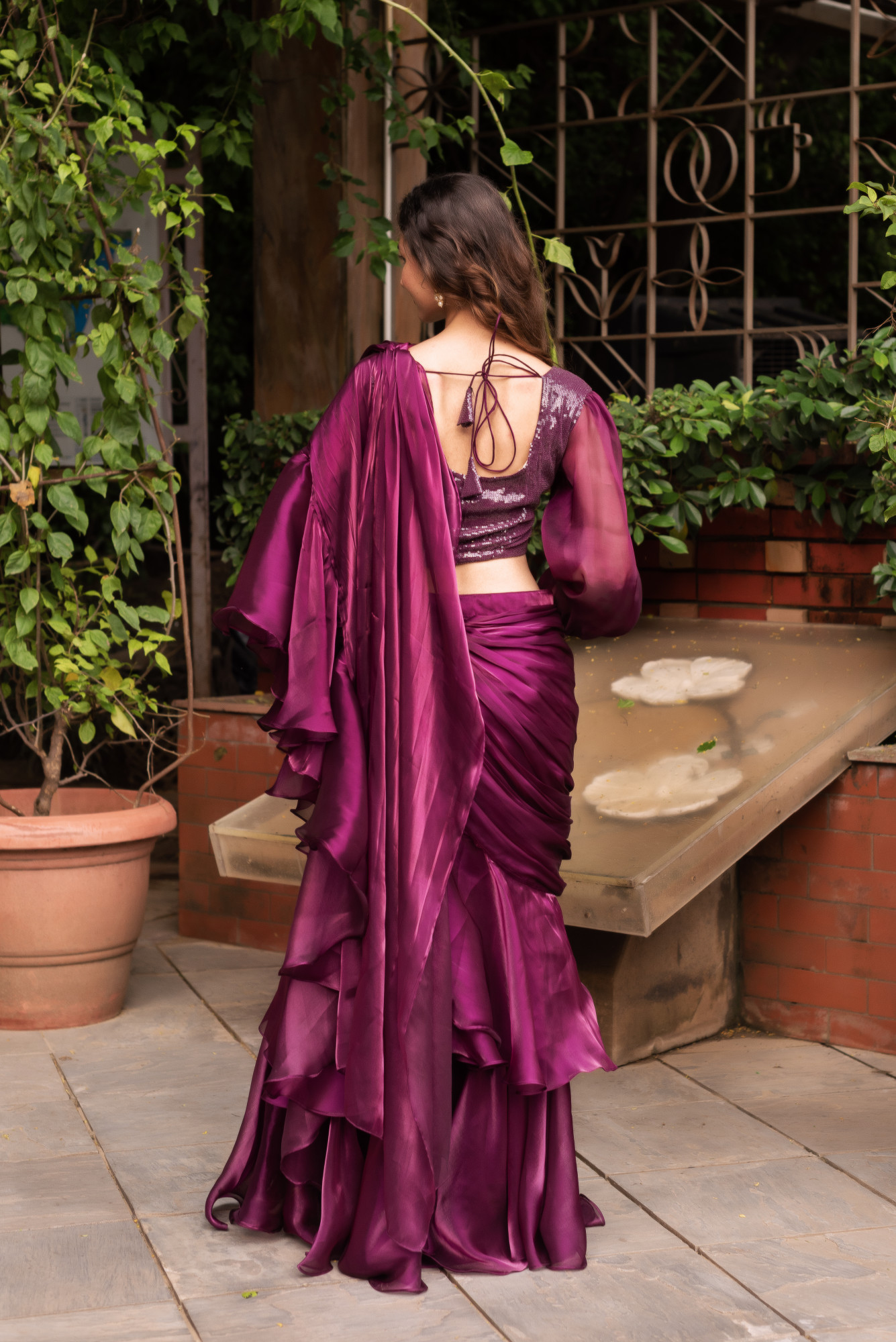 Wine Organza Ready To Drape Saree with Seqin Blouse And Belt