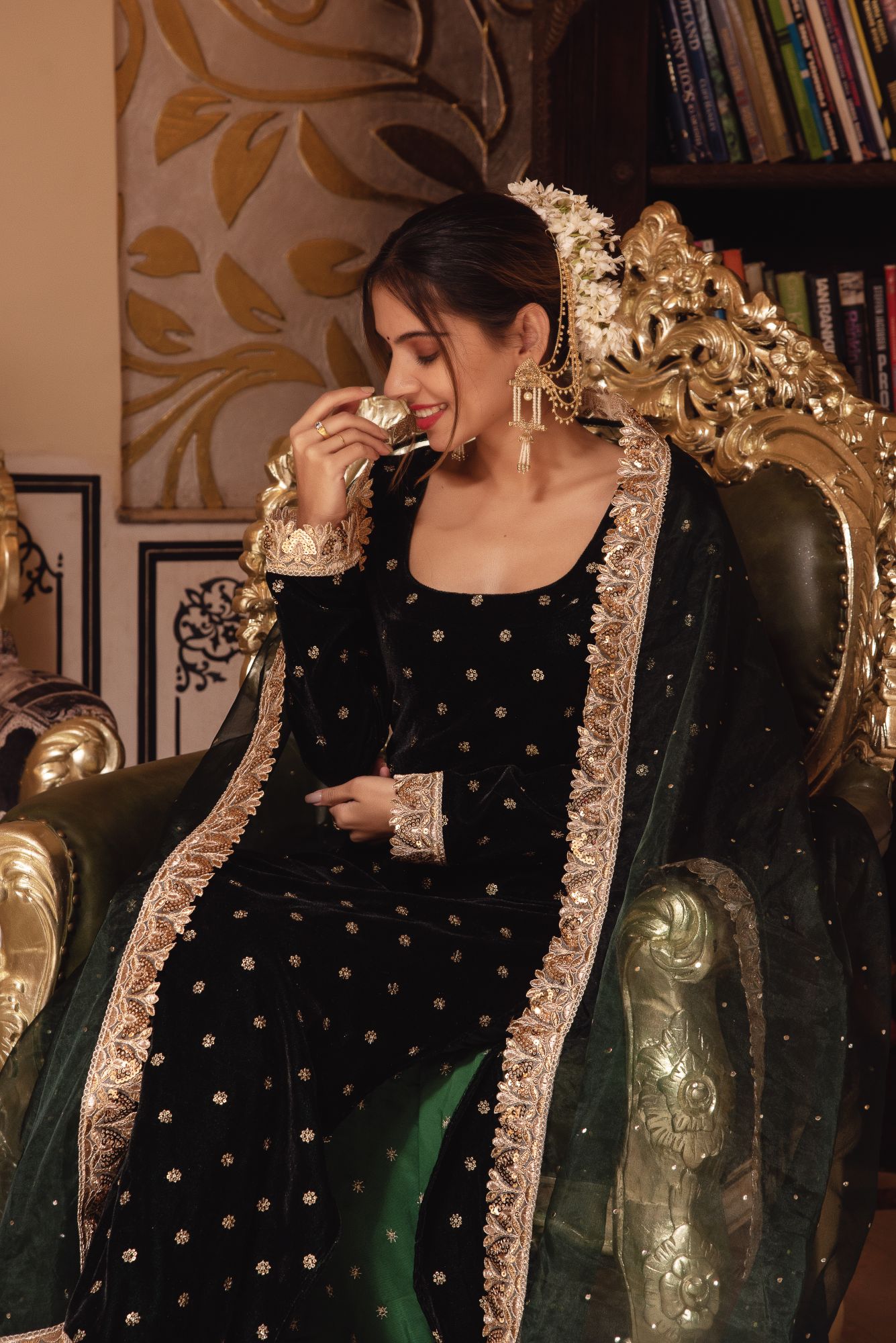 Bottle Green Velvet Straight Suit with sequined Dupatta