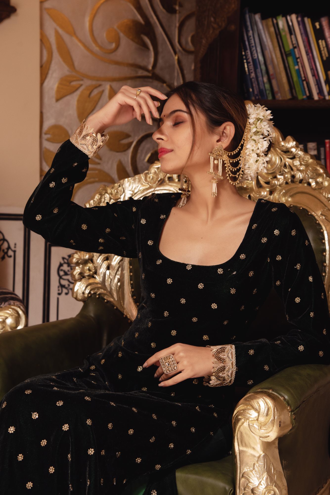 Bottle Green Velvet Straight Suit with sequined Dupatta