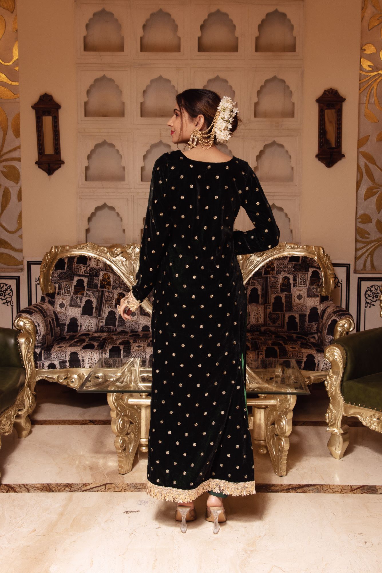 Bottle Green Velvet Straight Suit with sequined Dupatta