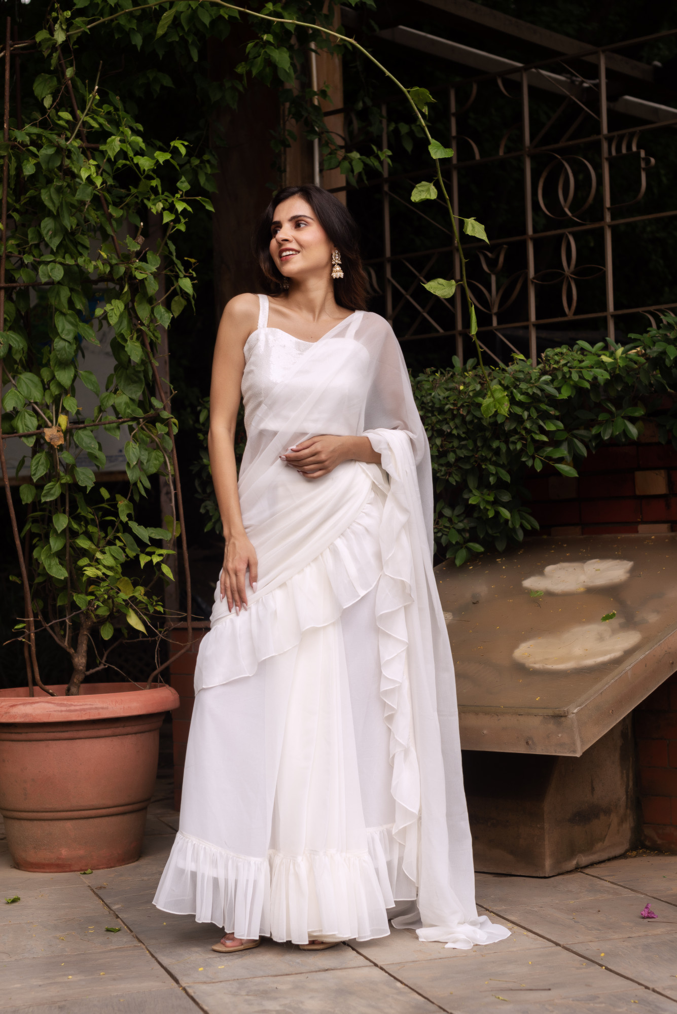 White Georgette Ready To Drape Saree with Seqin Blouse And Belt