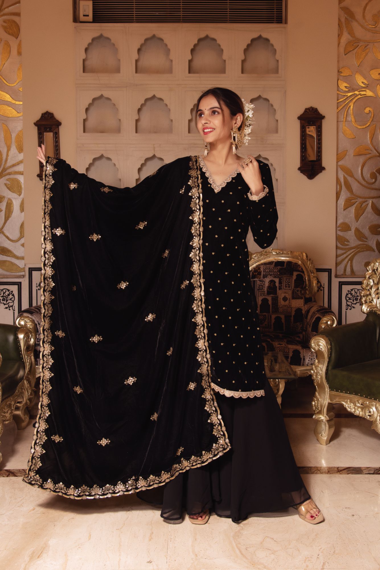 Black Velvet Sharara With scalped Sequined Dupatta