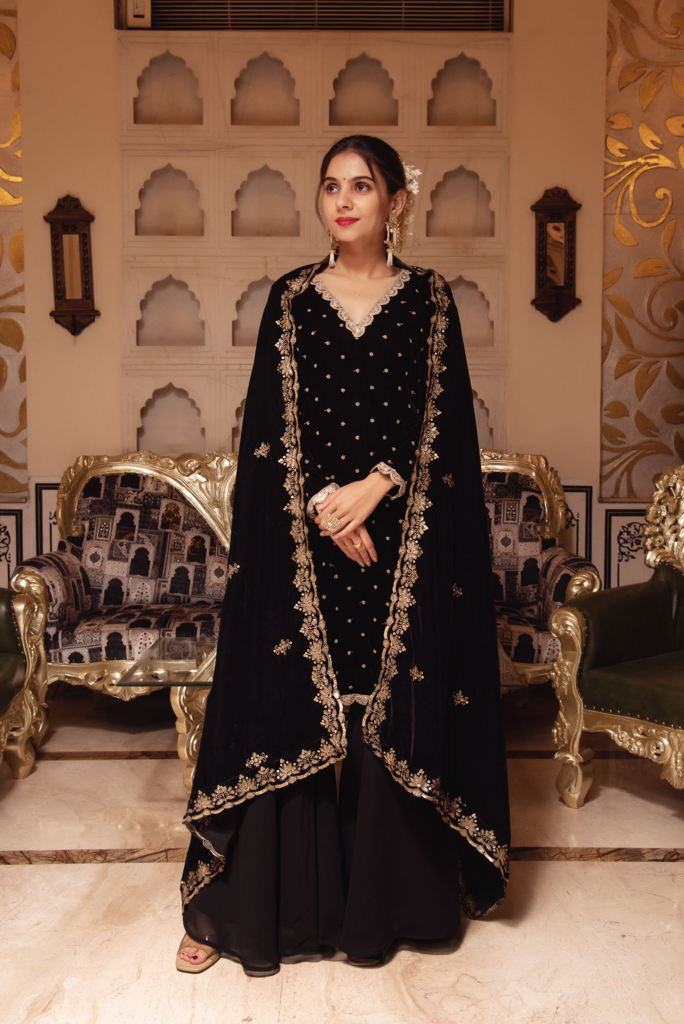Black Velvet Sharara With scalped Sequined Dupatta