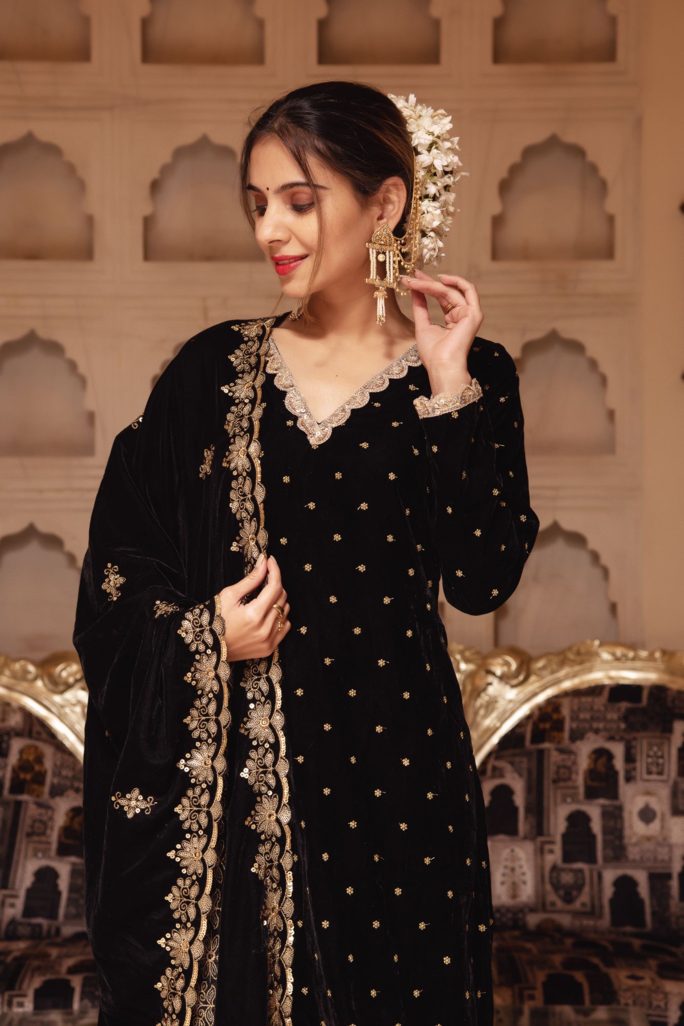 Black Velvet Sharara With scalped Sequined Dupatta