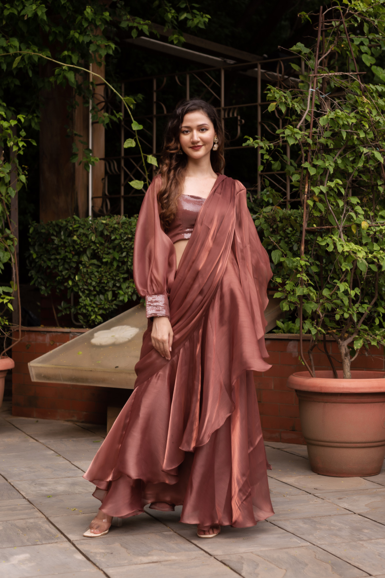 Rosegold Organza Ready To Drape Saree with Seqin Blouse And Belt
