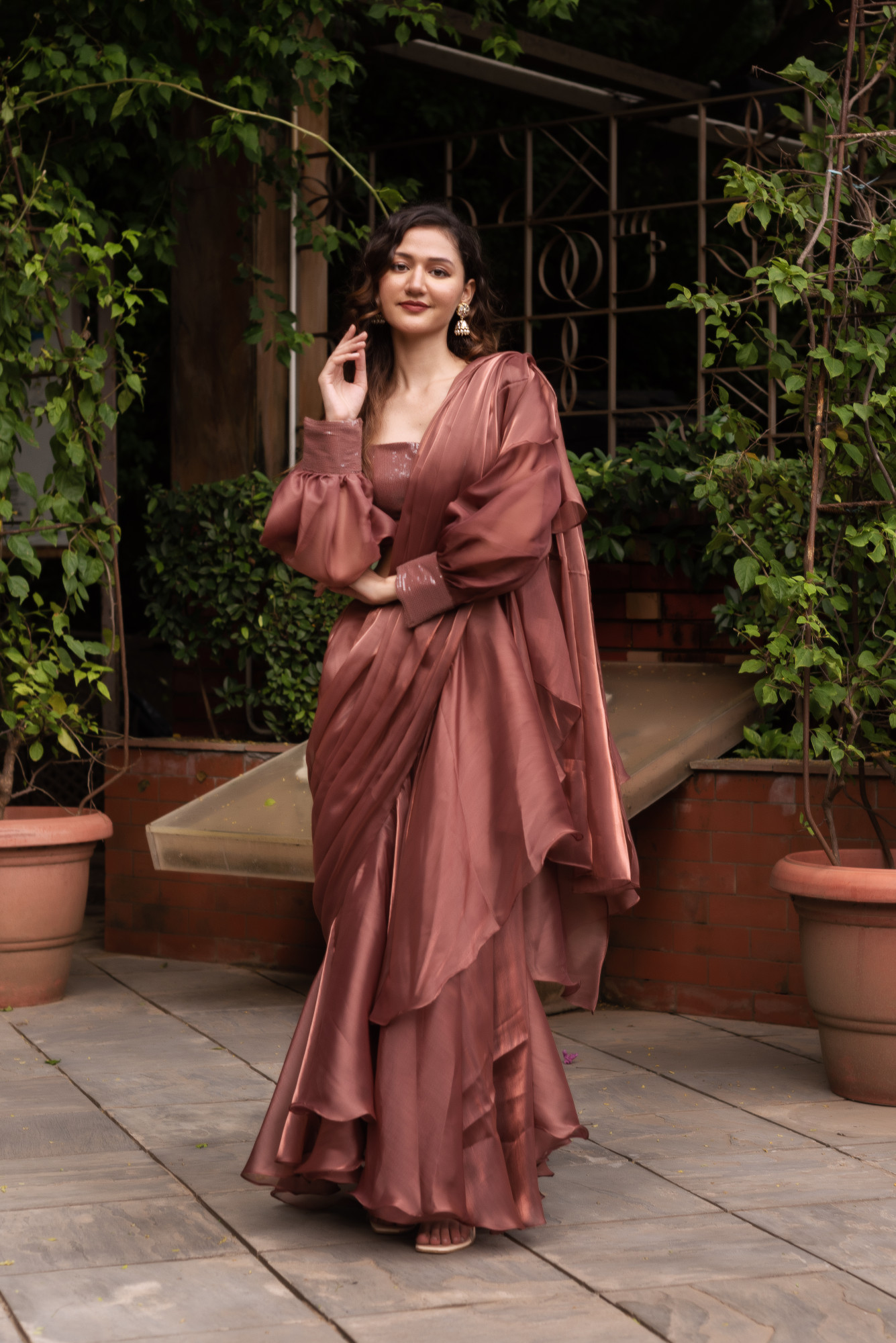 Rosegold Organza Ready To Drape Saree with Seqin Blouse And Belt