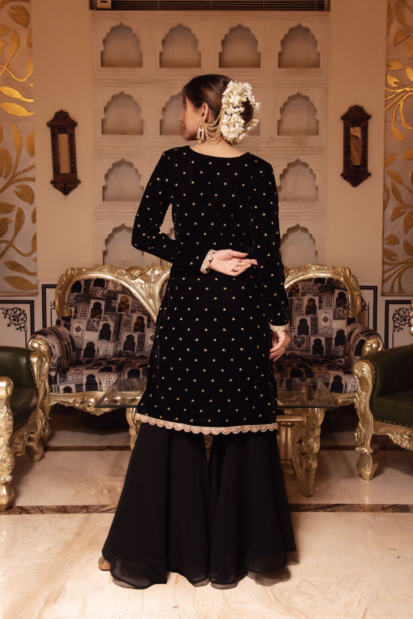 Black Velvet Sharara With scalped Sequined Dupatta