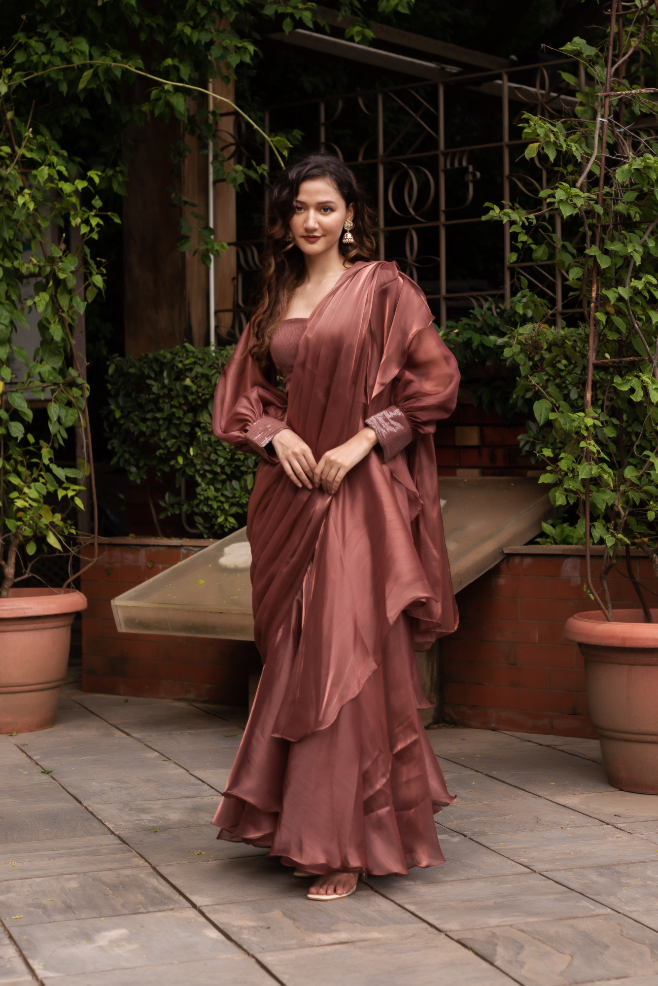 Rosegold Organza Ready To Drape Saree with Seqin Blouse And Belt