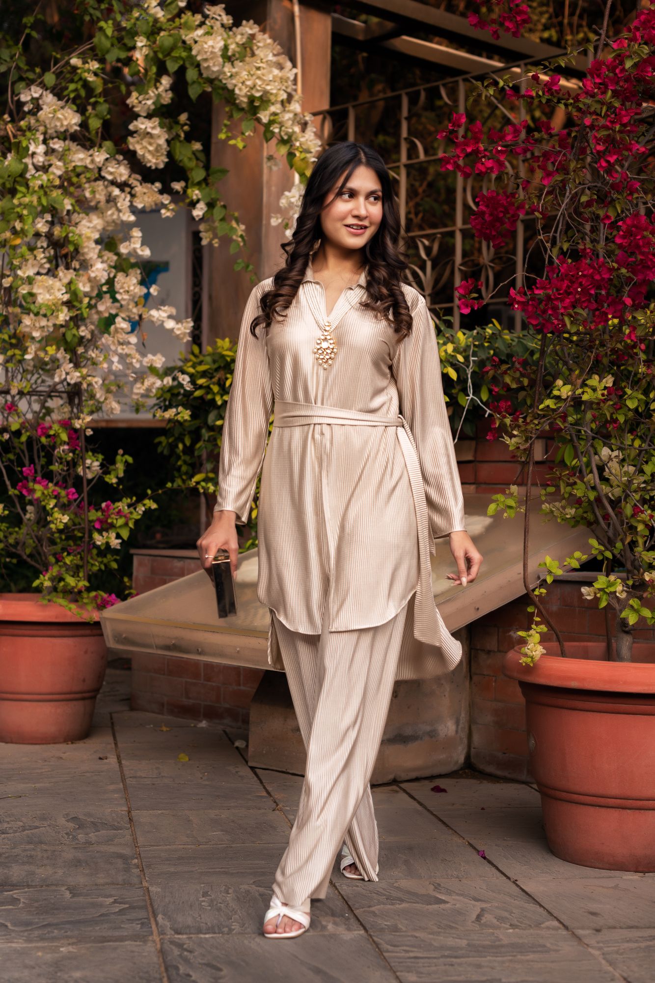 Metallic Golden Pleated Silk Coord Set