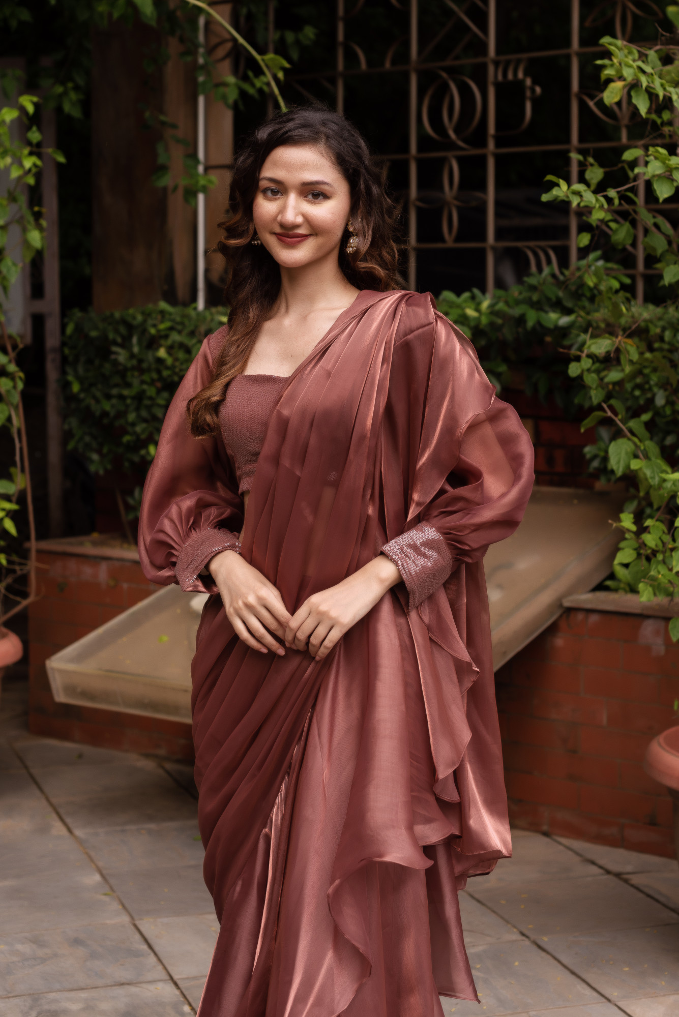 Rosegold Organza Ready To Drape Saree with Seqin Blouse And Belt