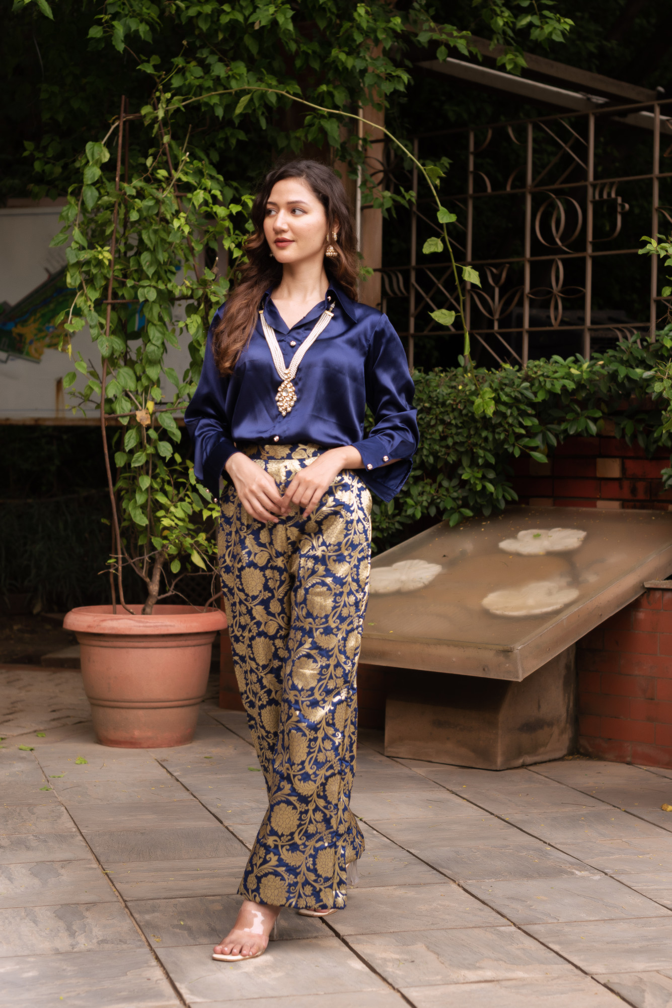 Blue Satin Jacqurd Coord set