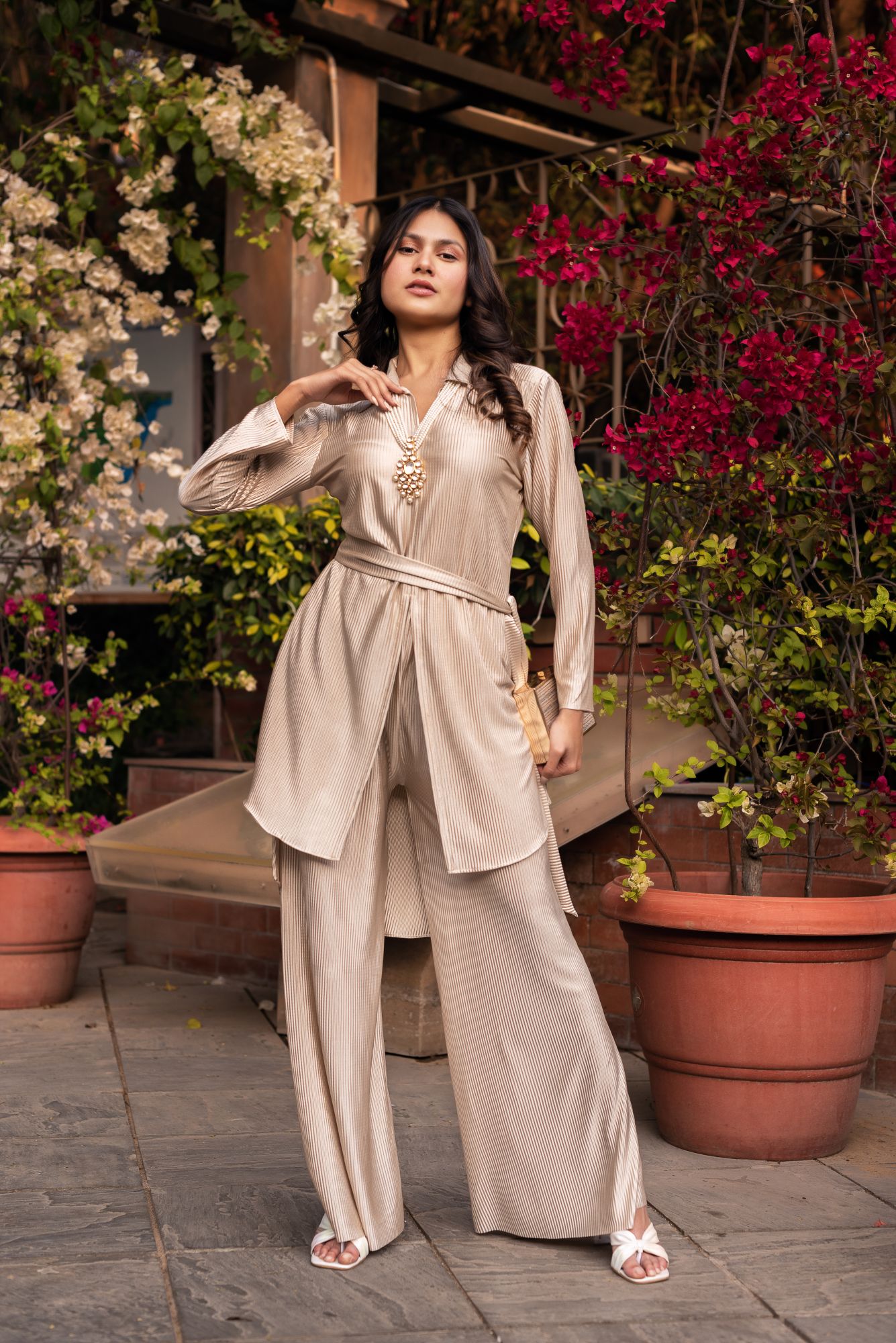 Metallic Golden Pleated Silk Coord Set