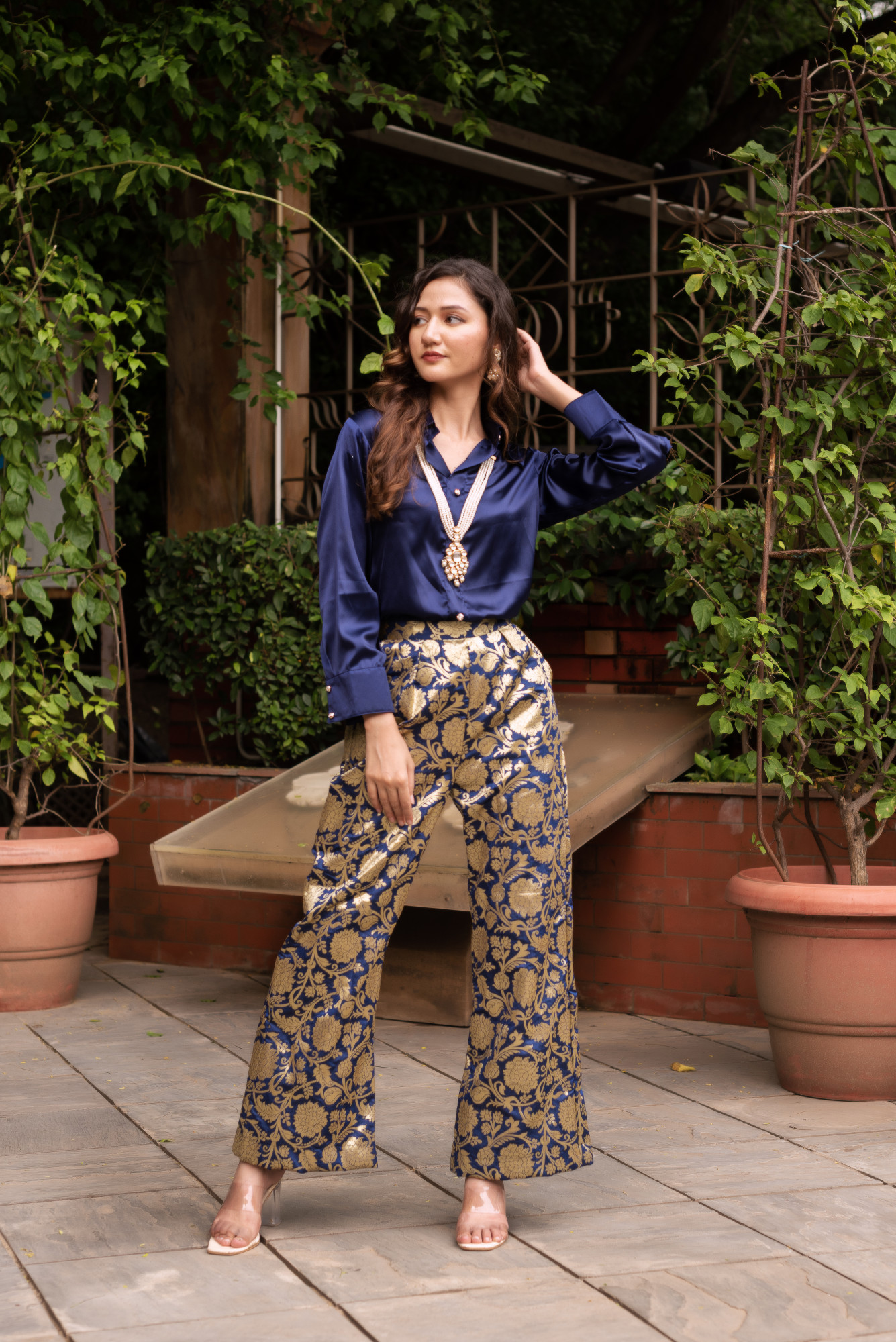 Blue Satin Jacqurd Coord set