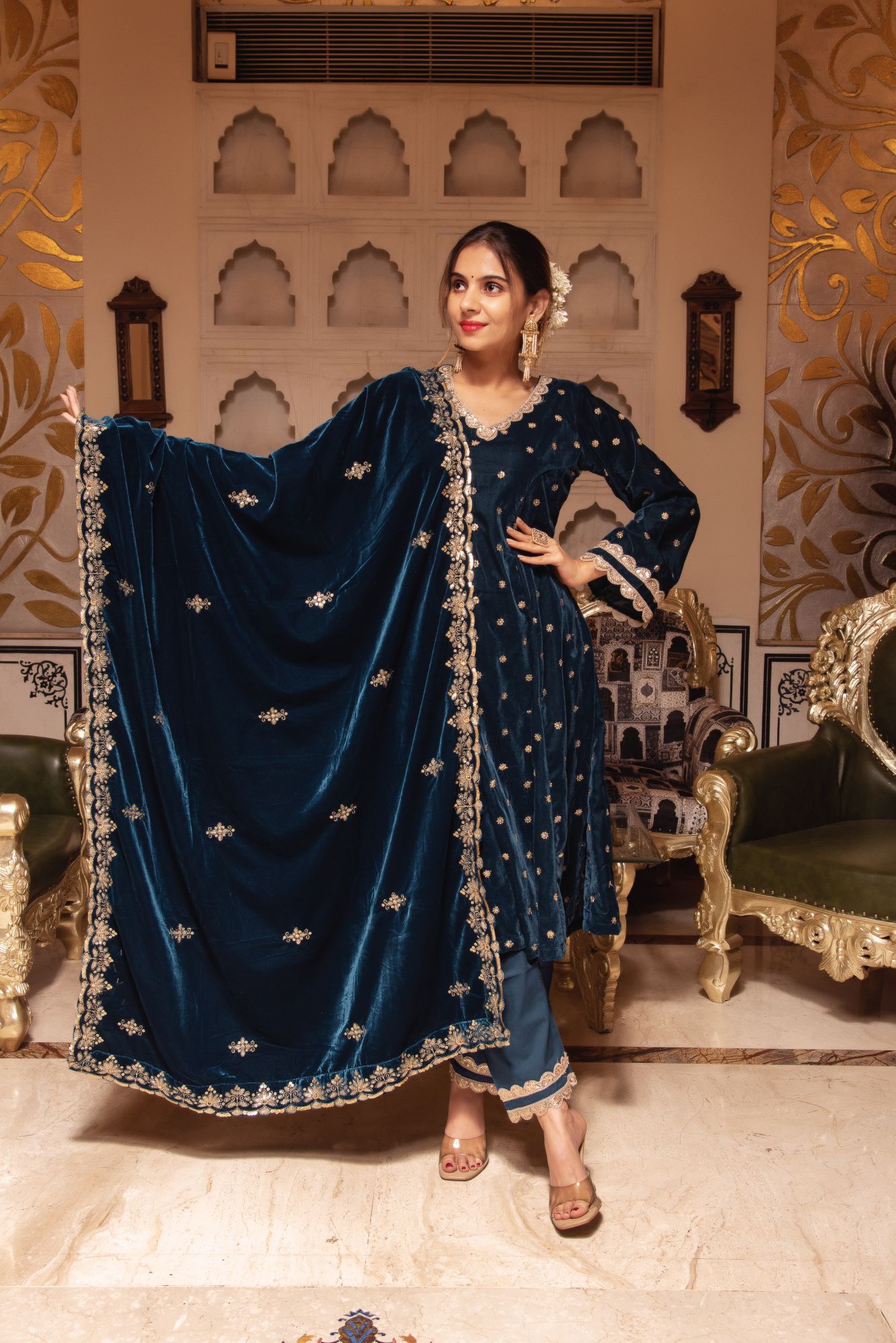 Teal Blue Velvet Straight Suit with Scalped Sequined Dupatta