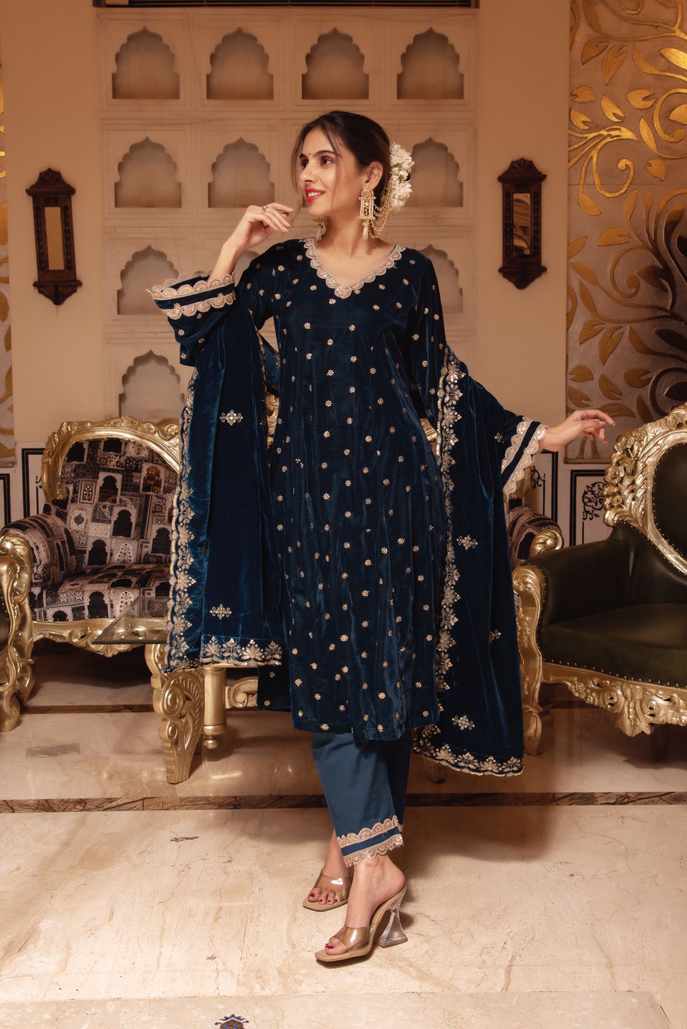 Teal Blue Velvet Straight Suit with Scalped Sequined Dupatta