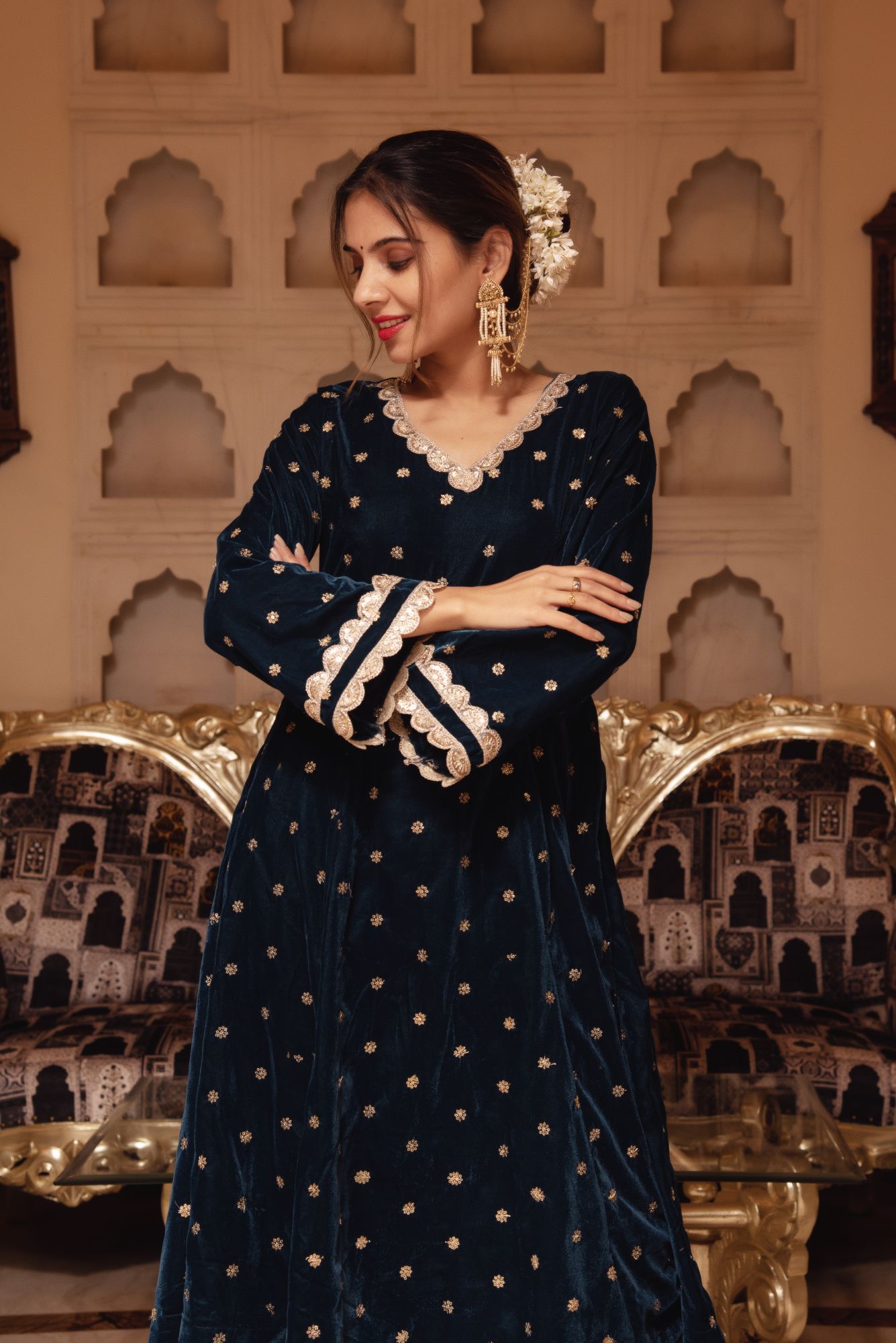 Teal Blue Velvet Straight Suit with Scalped Sequined Dupatta