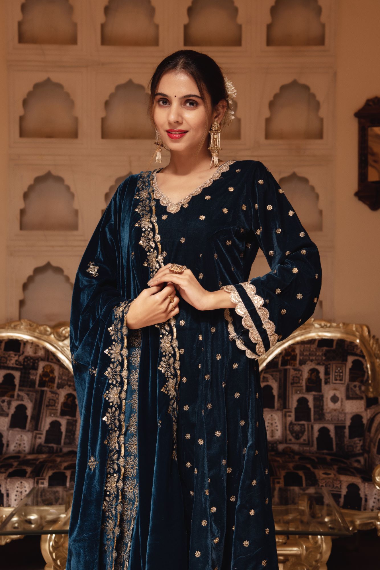 Teal Blue Velvet Straight Suit with Scalped Sequined Dupatta