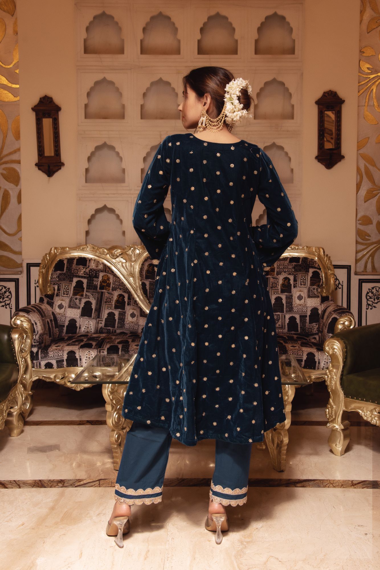 Teal Blue Velvet Straight Suit with Scalped Sequined Dupatta