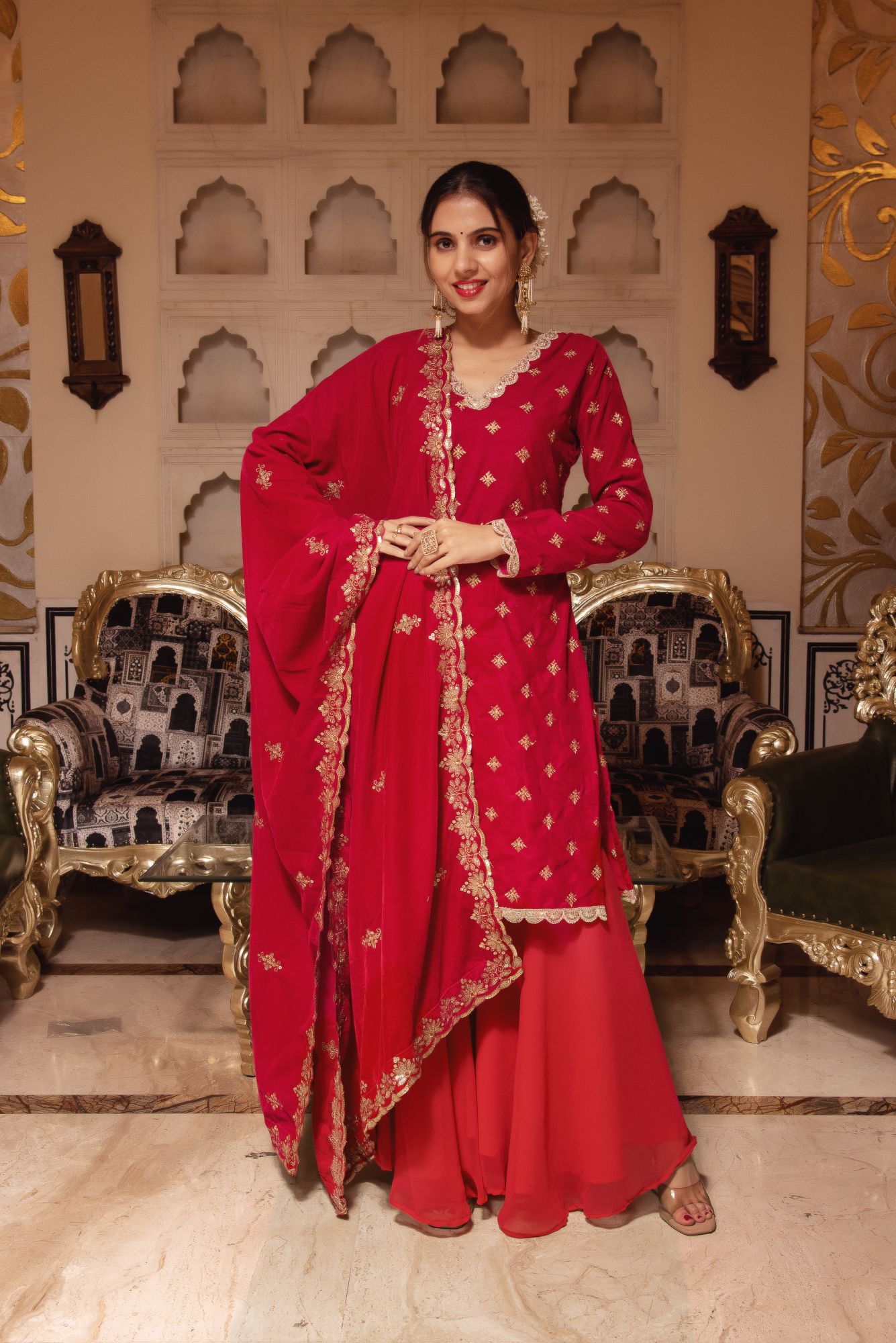 Rani Velvet Sharara with Scalped Sequined Dupatta