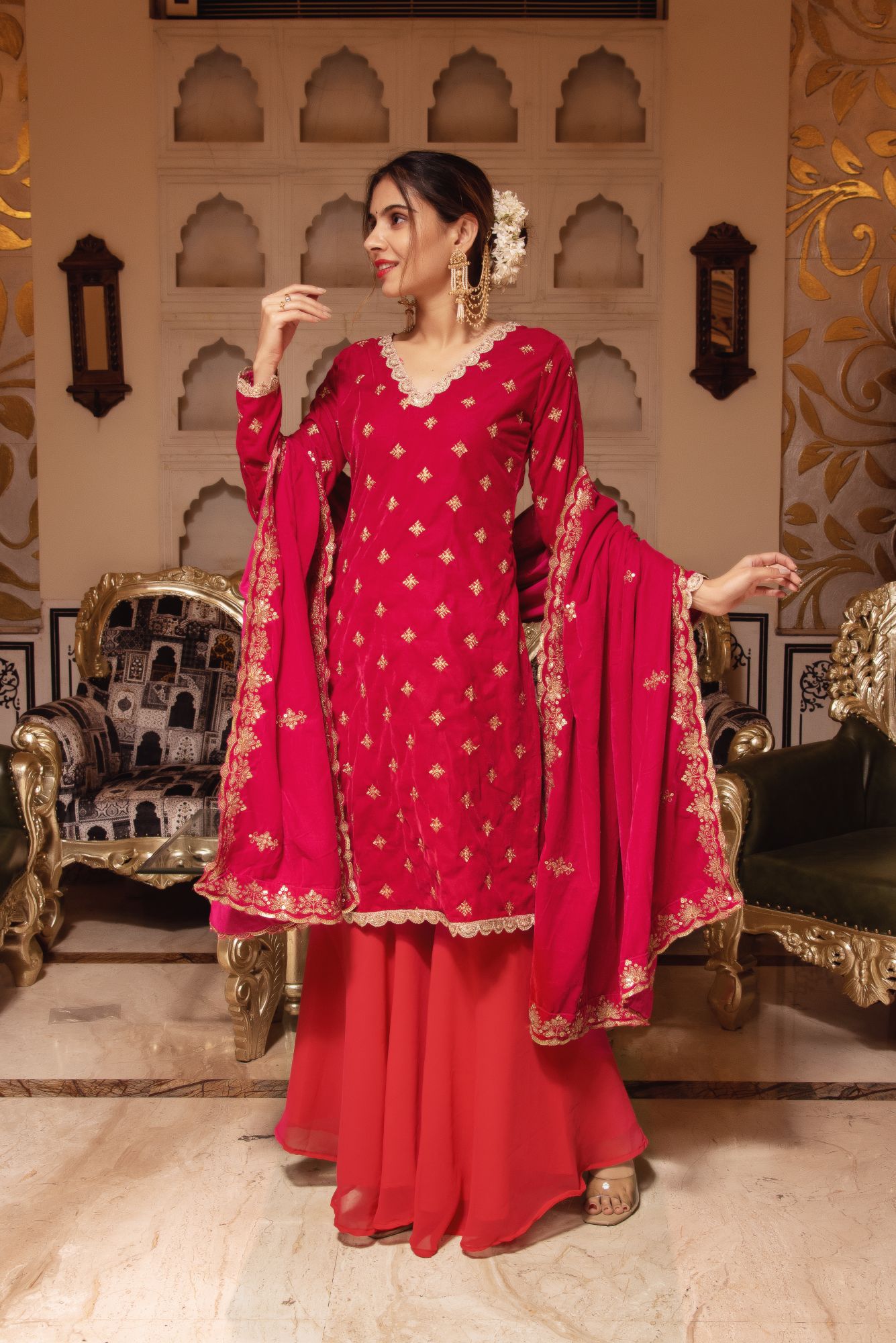 Rani Velvet Sharara with Scalped Sequined Dupatta