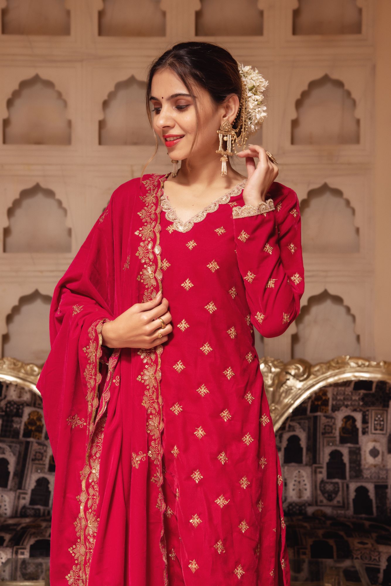 Rani Velvet Sharara with Scalped Sequined Dupatta