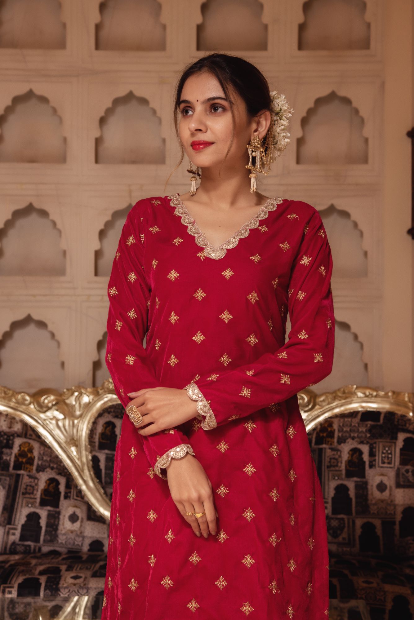 Rani Velvet Sharara with Scalped Sequined Dupatta