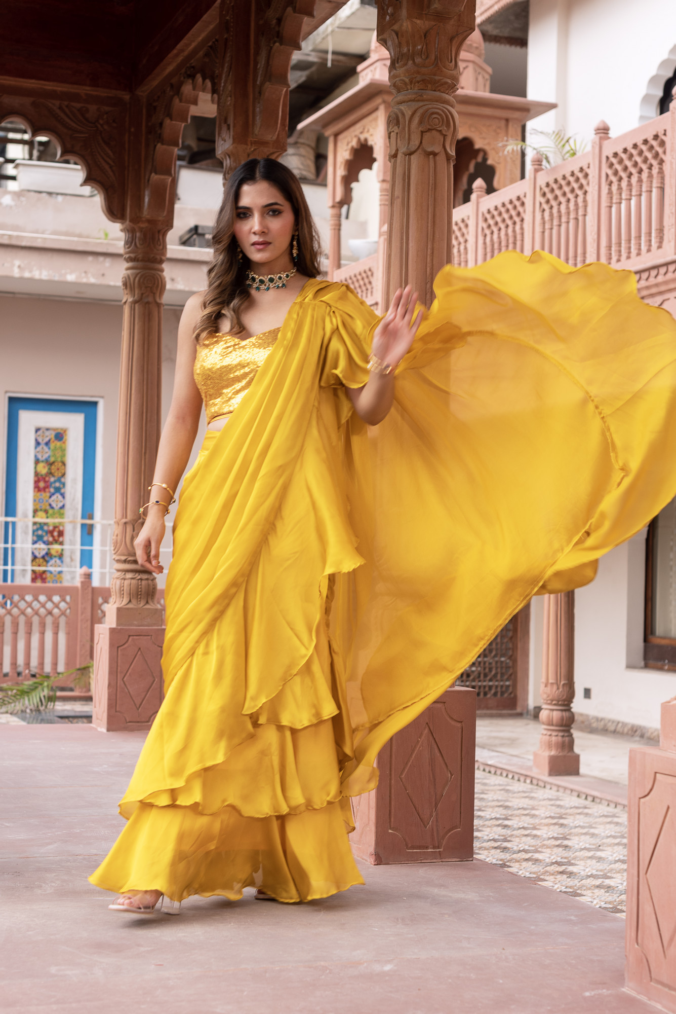 Golden Corset Ruffle Saree