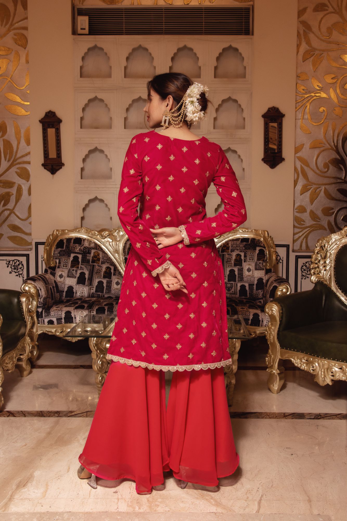 Rani Velvet Sharara with Scalped Sequined Dupatta