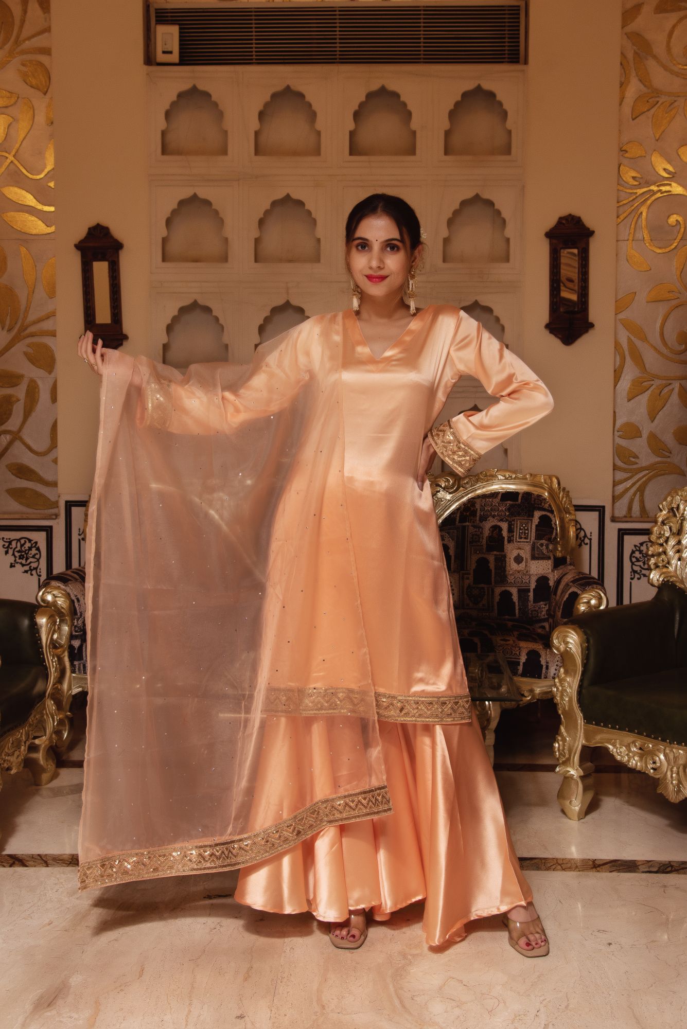 Peach Seroi Satin Sharara Set