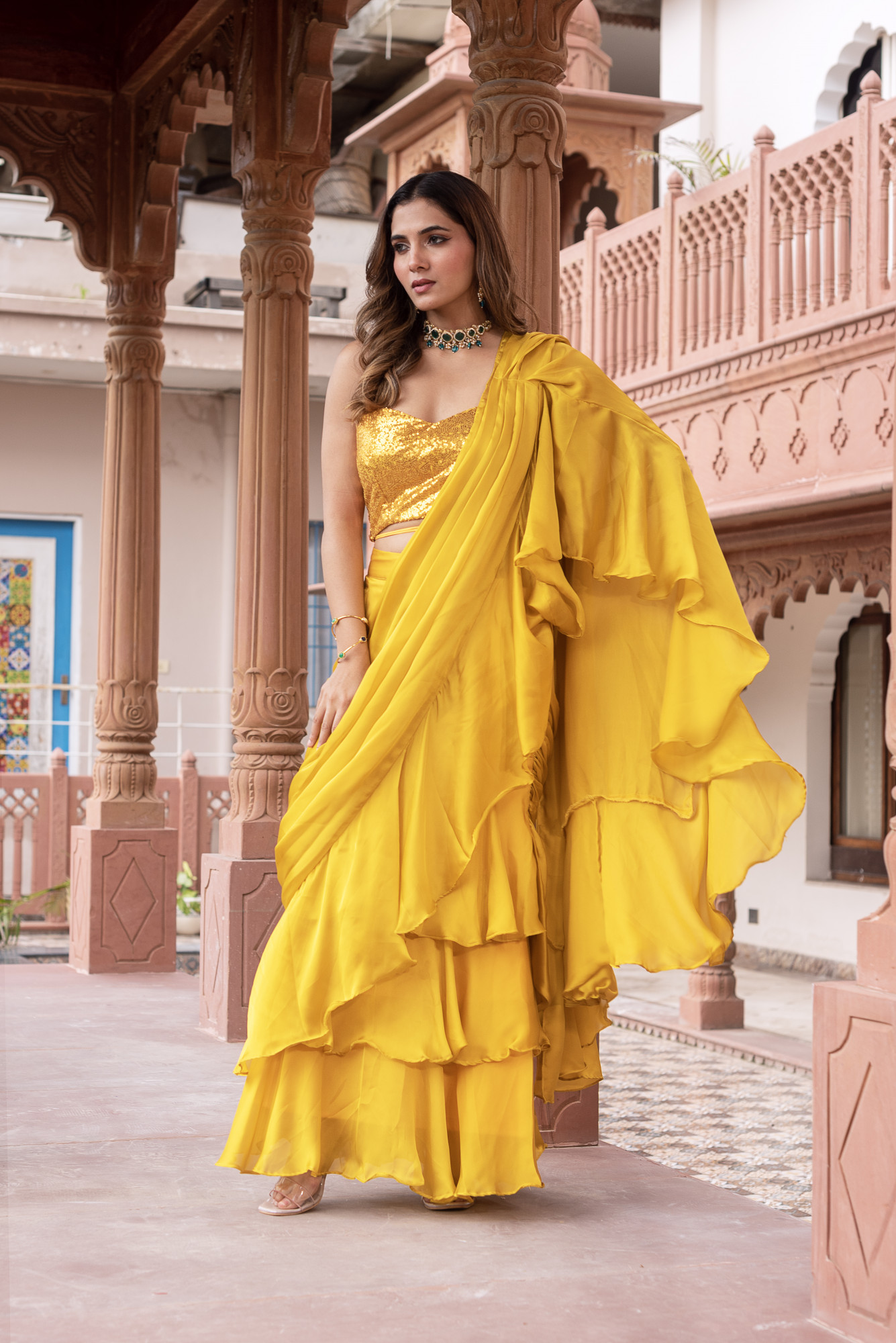 Golden Corset Ruffle Saree