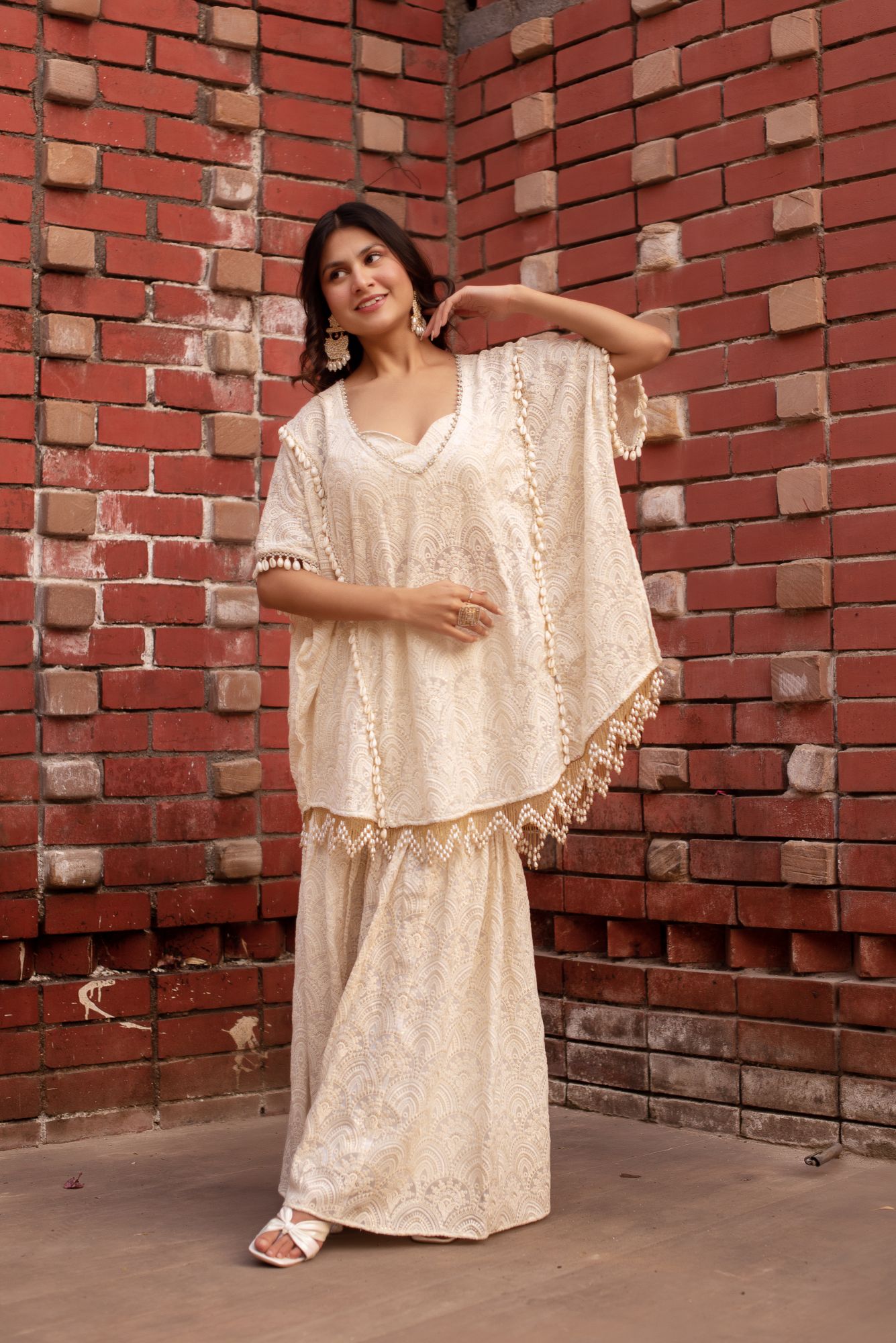 Akaay White Chikankari Pearl Motis Sharara Set