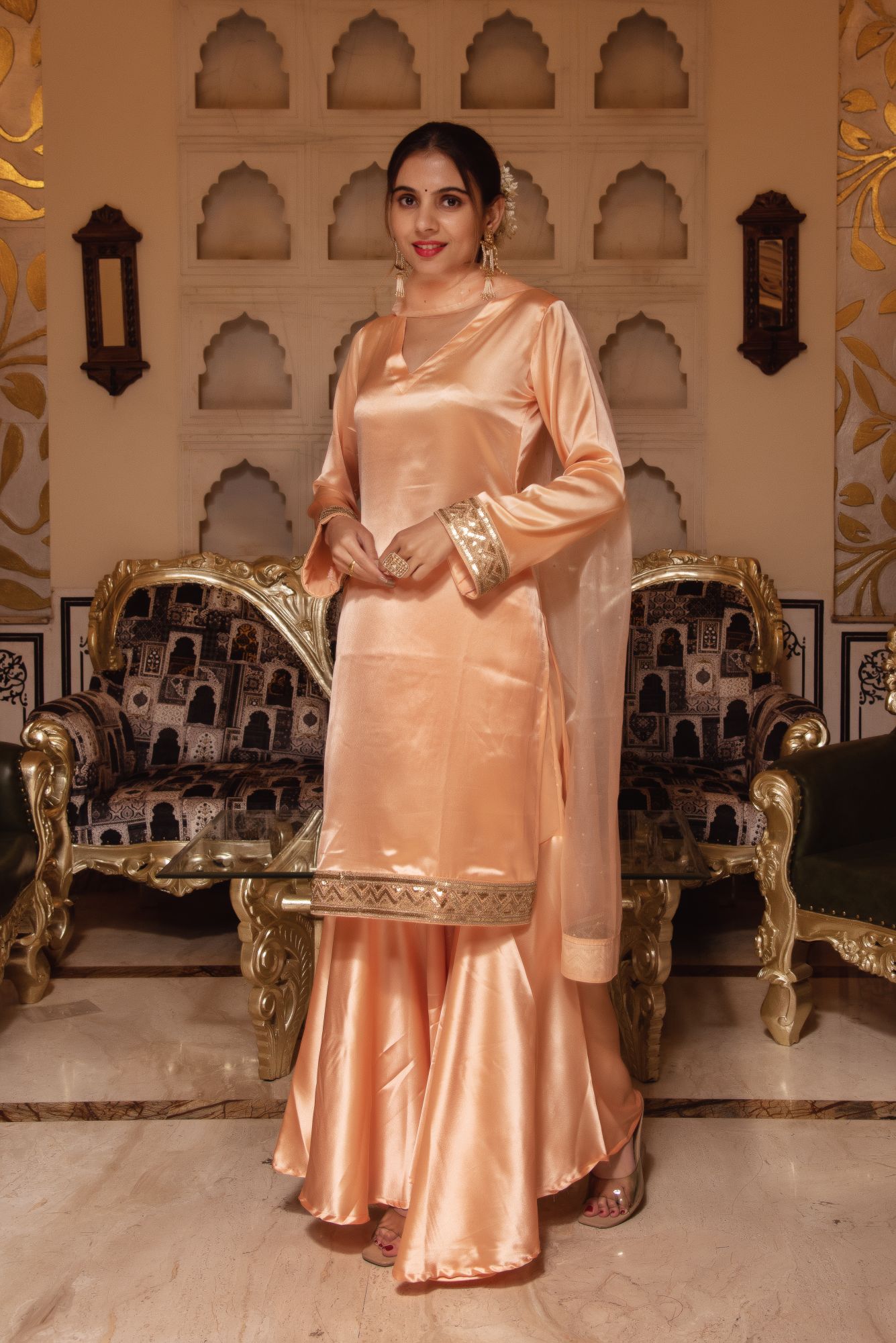 Peach Seroi Satin Sharara Set