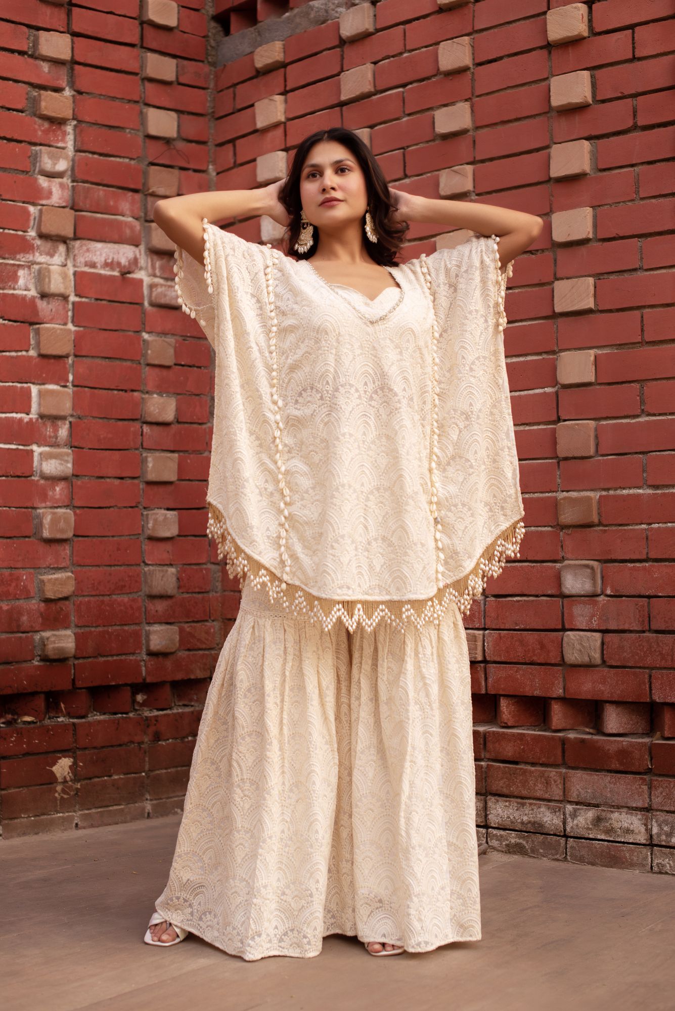 Akaay White Chikankari Pearl Motis Sharara Set