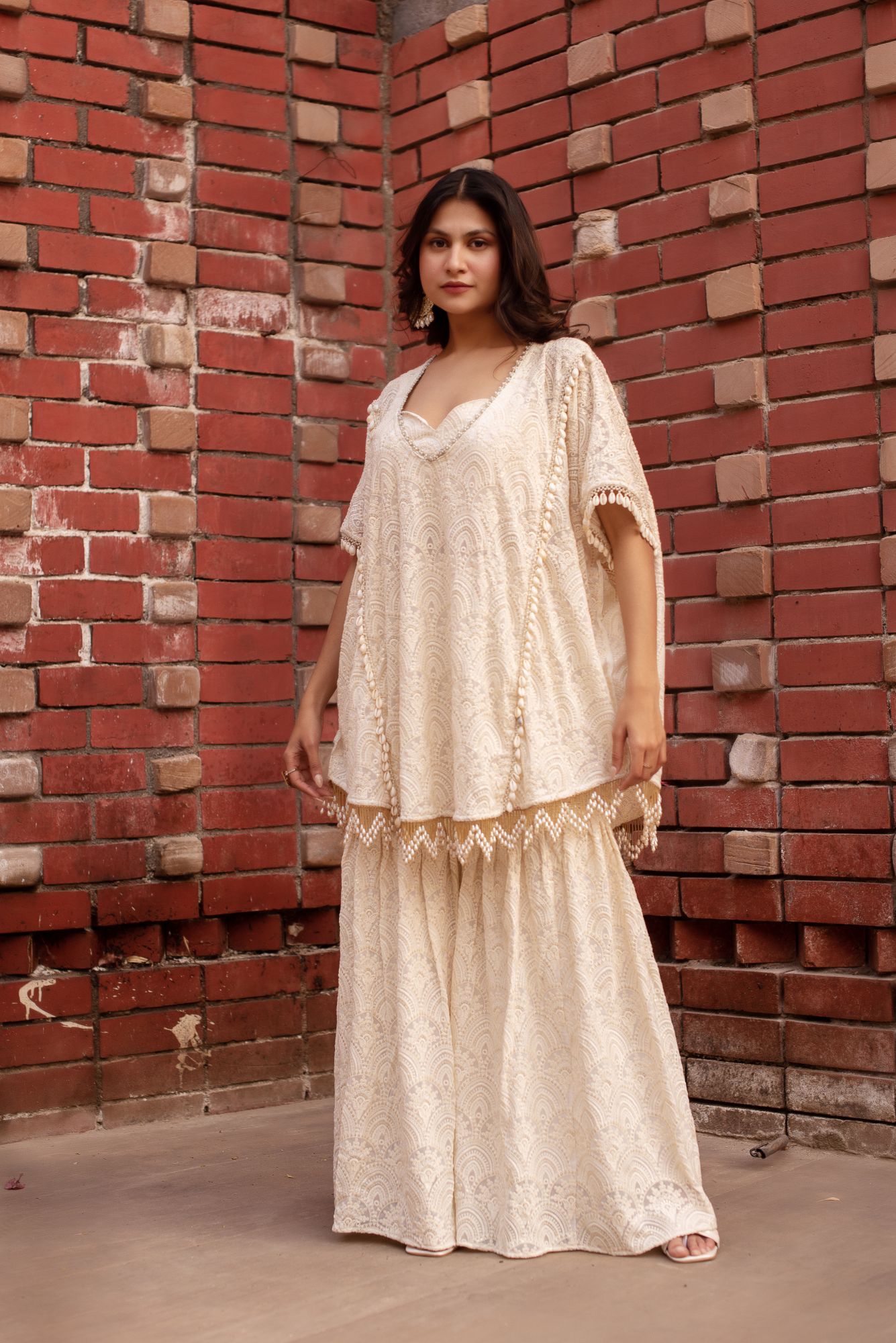 Akaay White Chikankari Pearl Motis Sharara Set
