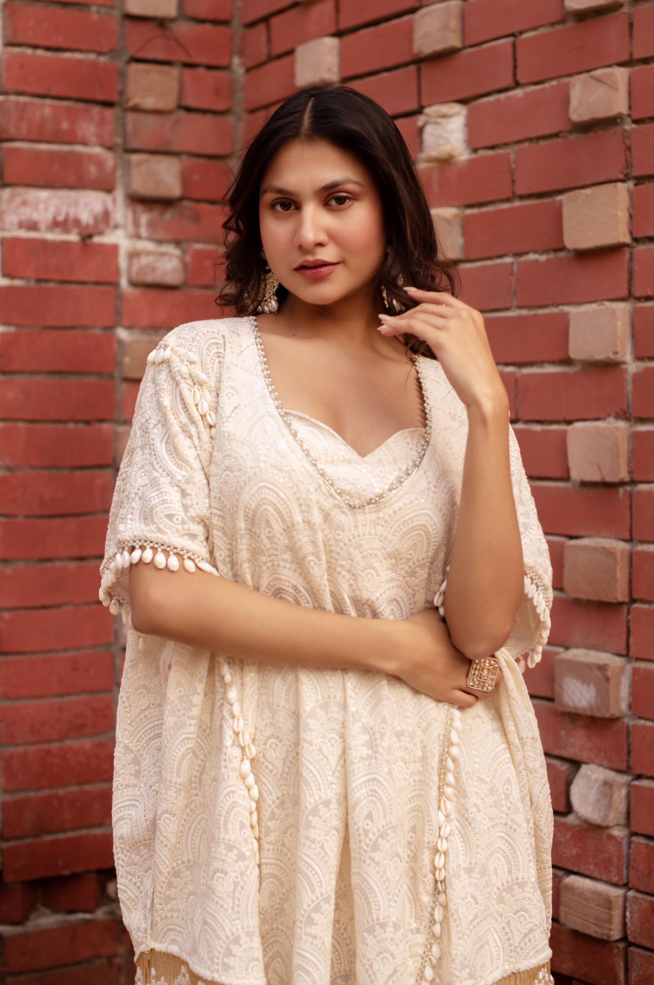 Akaay White Chikankari Pearl Motis Sharara Set