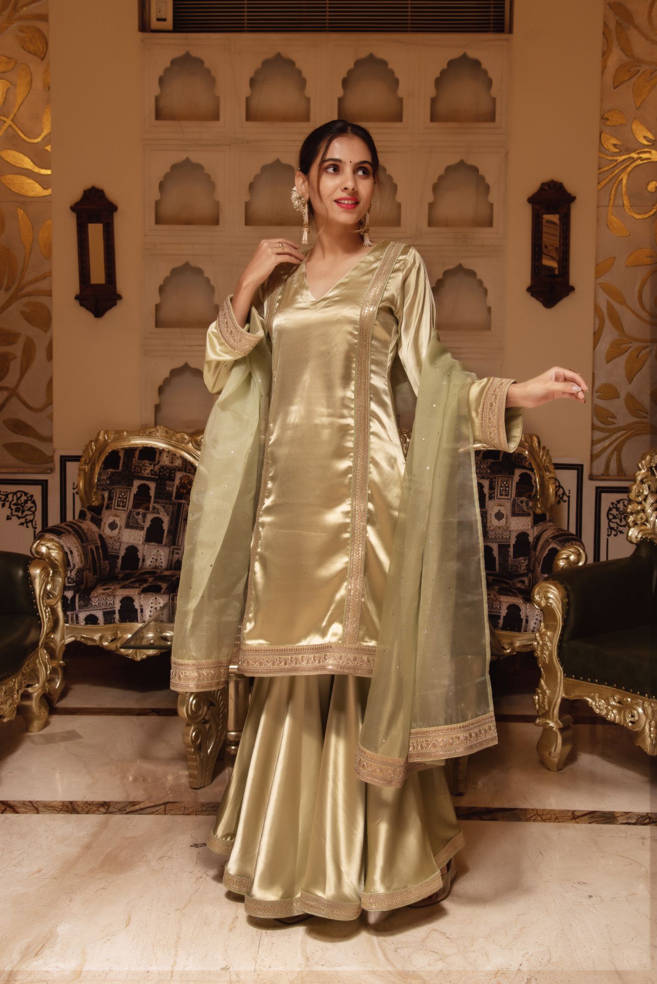 Pastel Green Seroi Satin Sharara Set