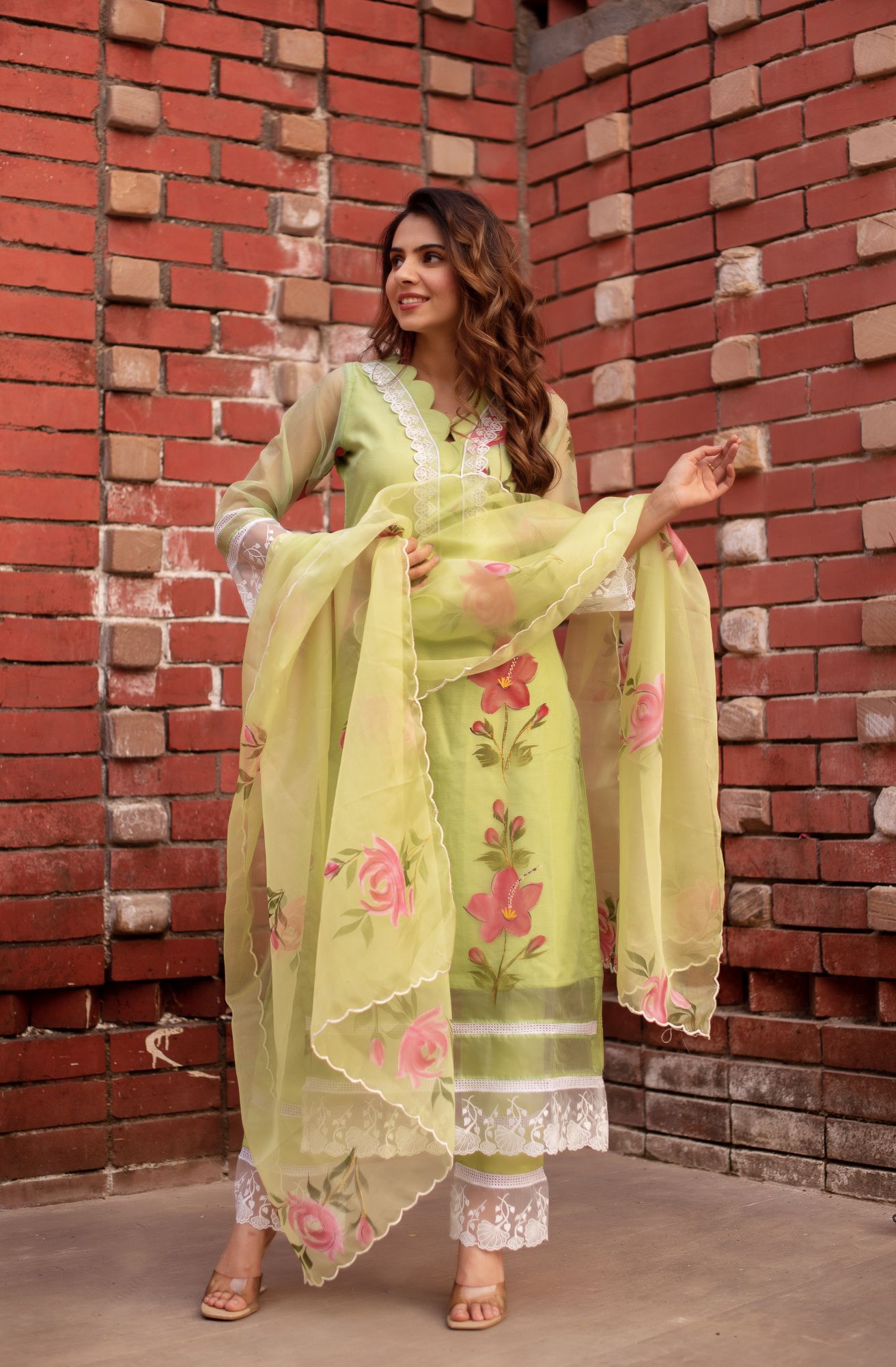 Green Handpainted Organza Lace Work Suit Set