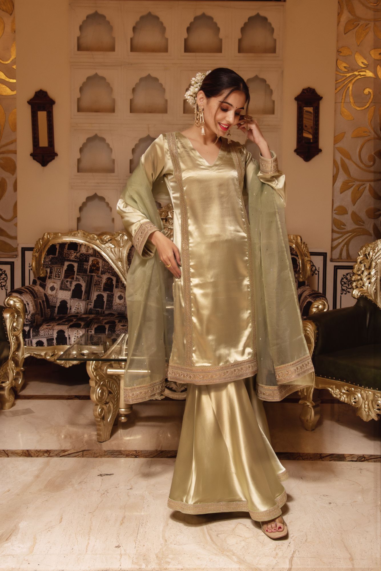 Pastel Green Seroi Satin Sharara Set