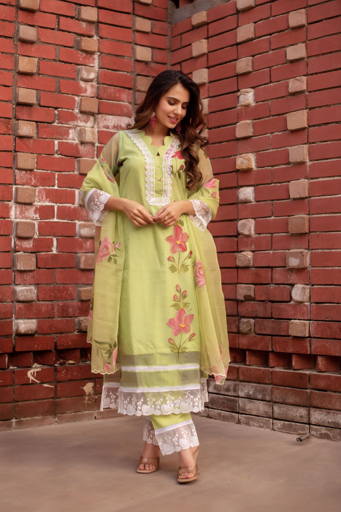 Green Handpainted Organza Lace Work Suit Set