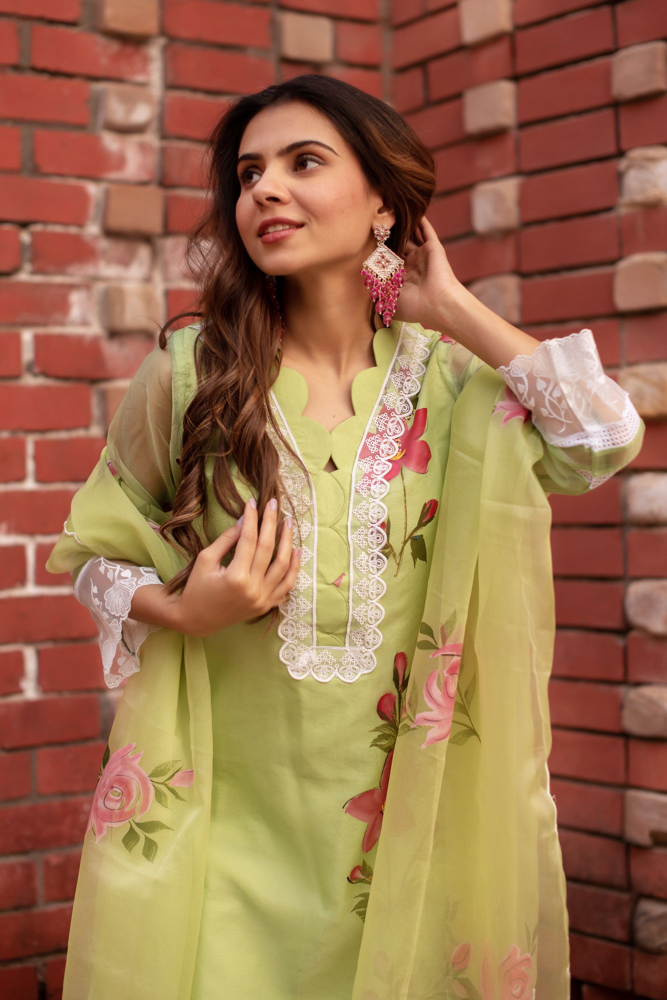 Green Handpainted Organza Lace Work Suit Set