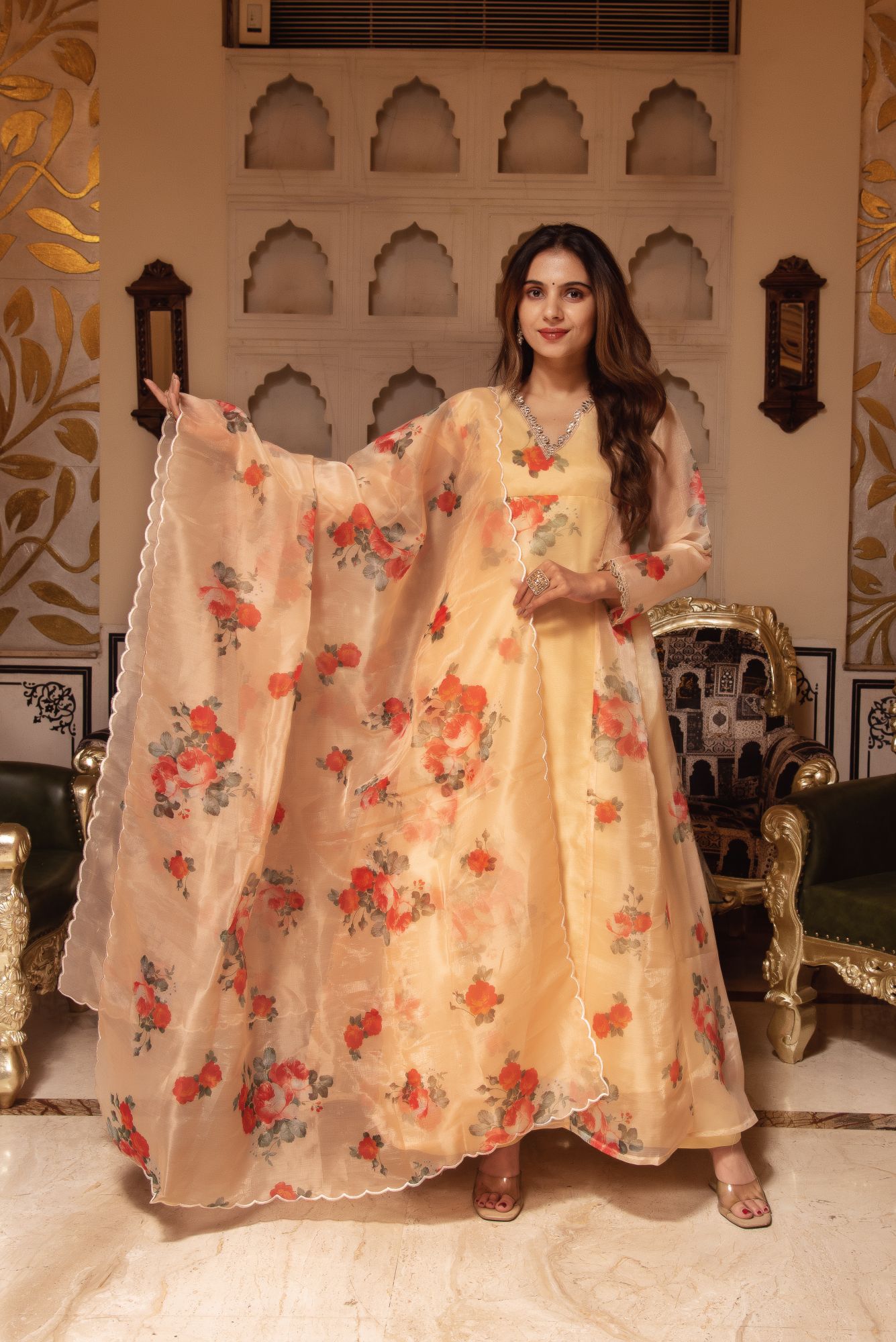 Beige Printed A-line Straight Suit Set