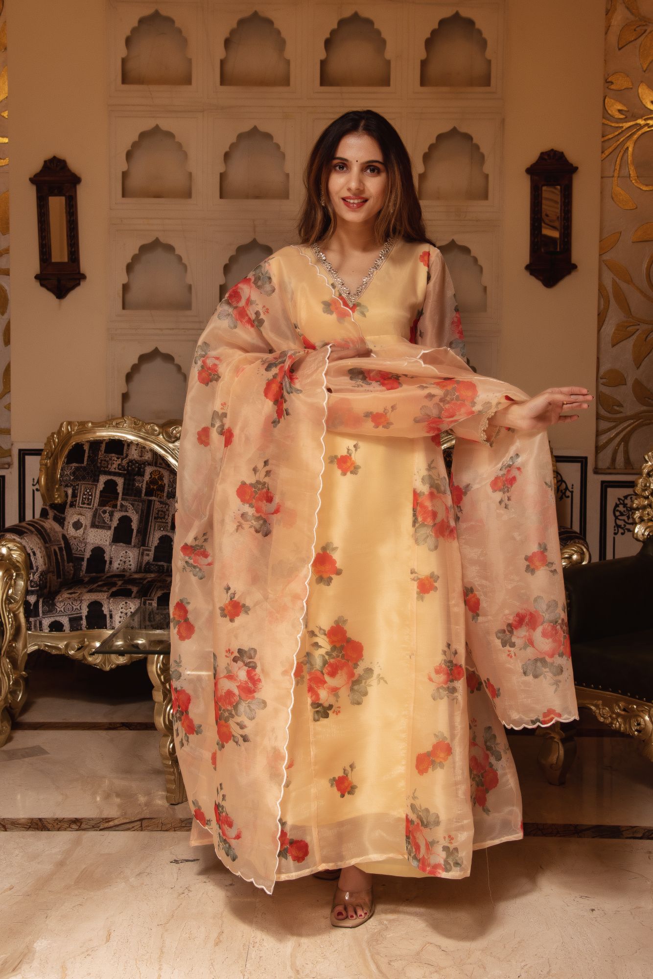 Beige Printed A-line Straight Suit Set