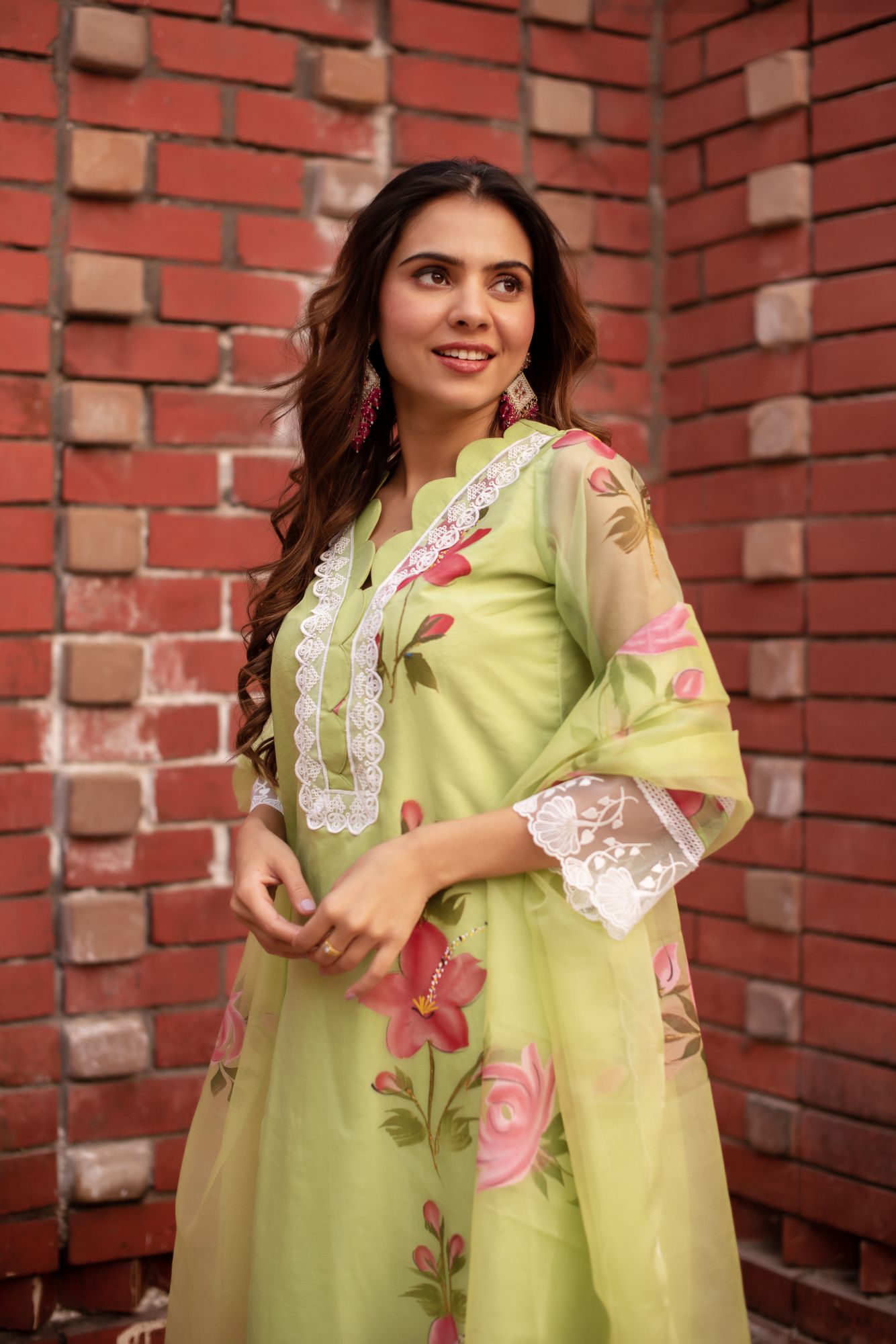 Green Handpainted Organza Lace Work Suit Set