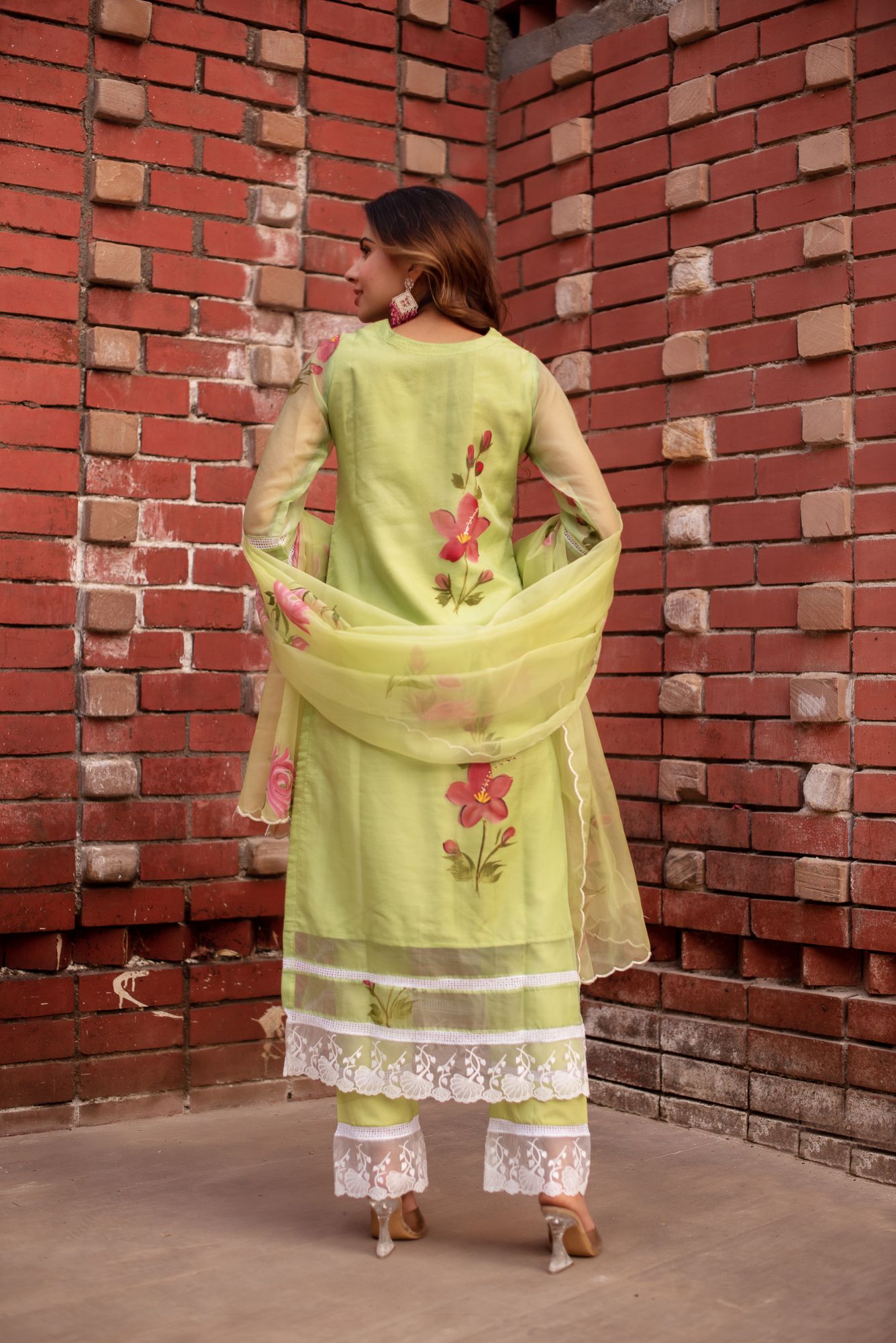 Green Handpainted Organza Lace Work Suit Set