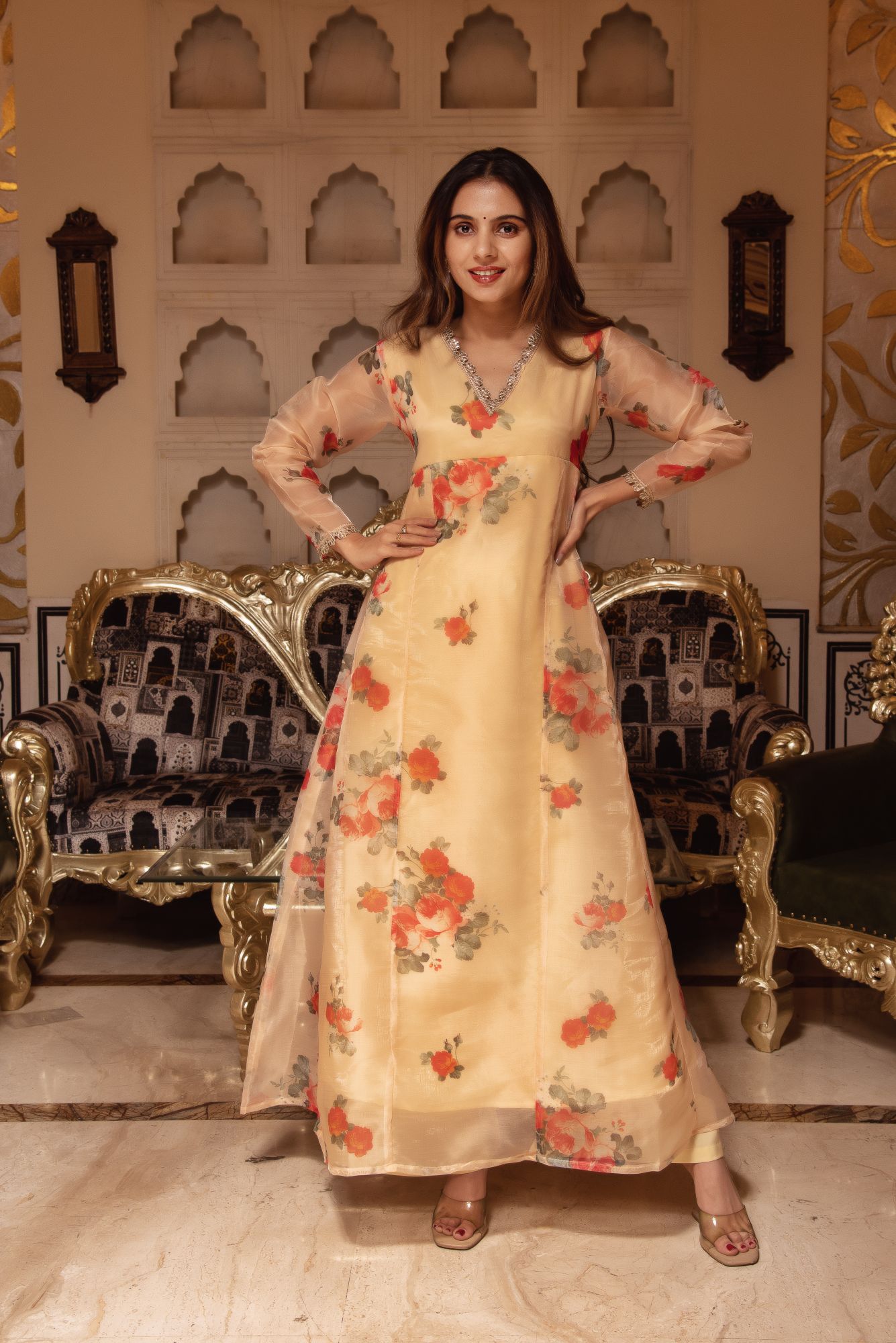 Beige Printed A-line Straight Suit Set