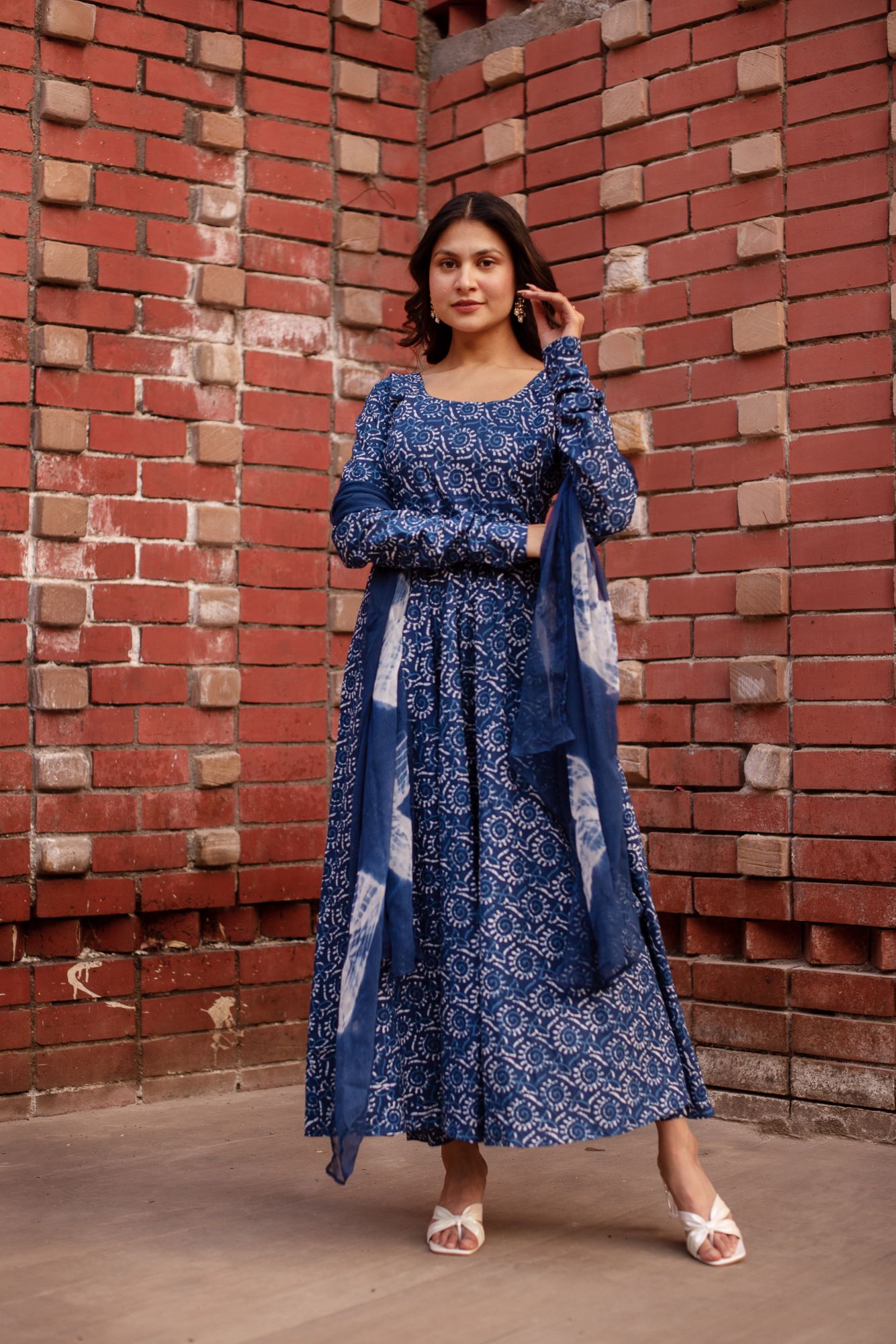 Shibori Indigo Blue Anarkali Suit Set