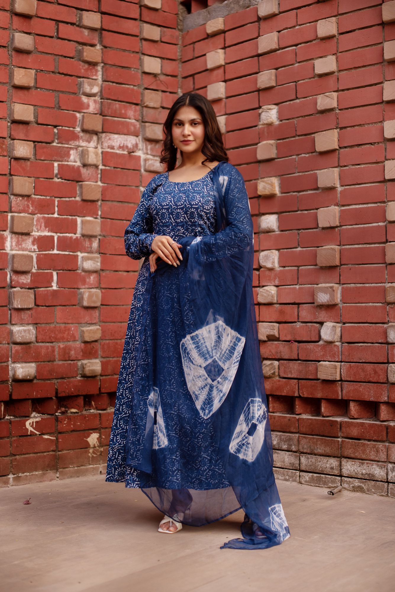 Shibori Indigo Blue Anarkali Suit Set