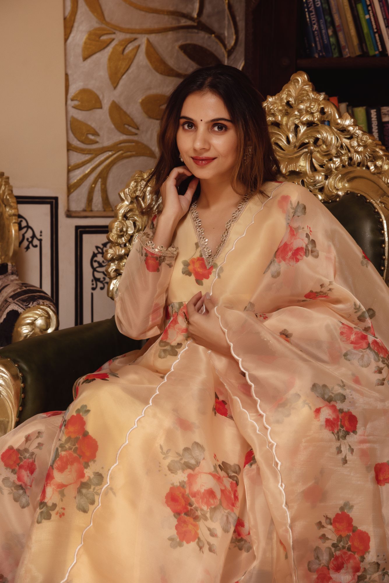 Beige Printed A-line Straight Suit Set